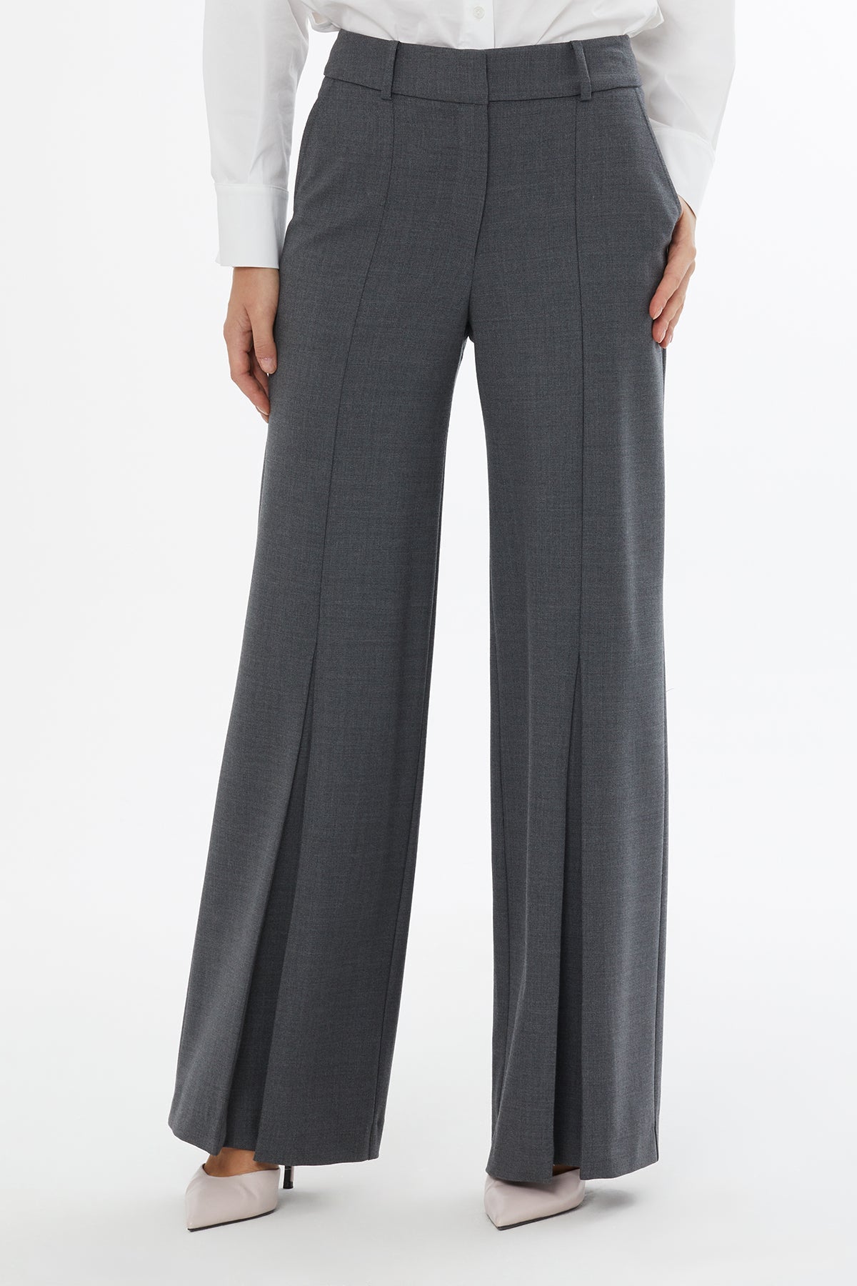 Grey Wide-Leg Pleated Trousers