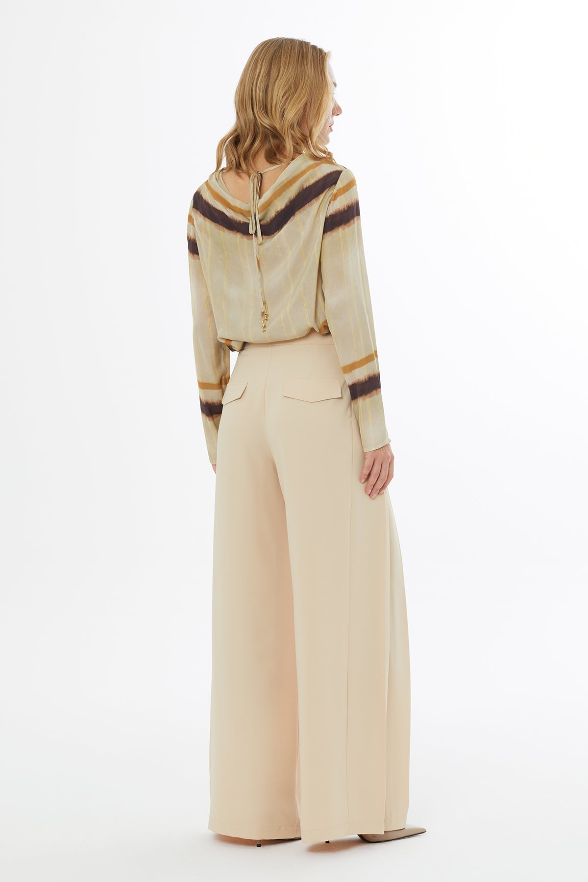 Beige Pleated-Detail Pants with Pockets