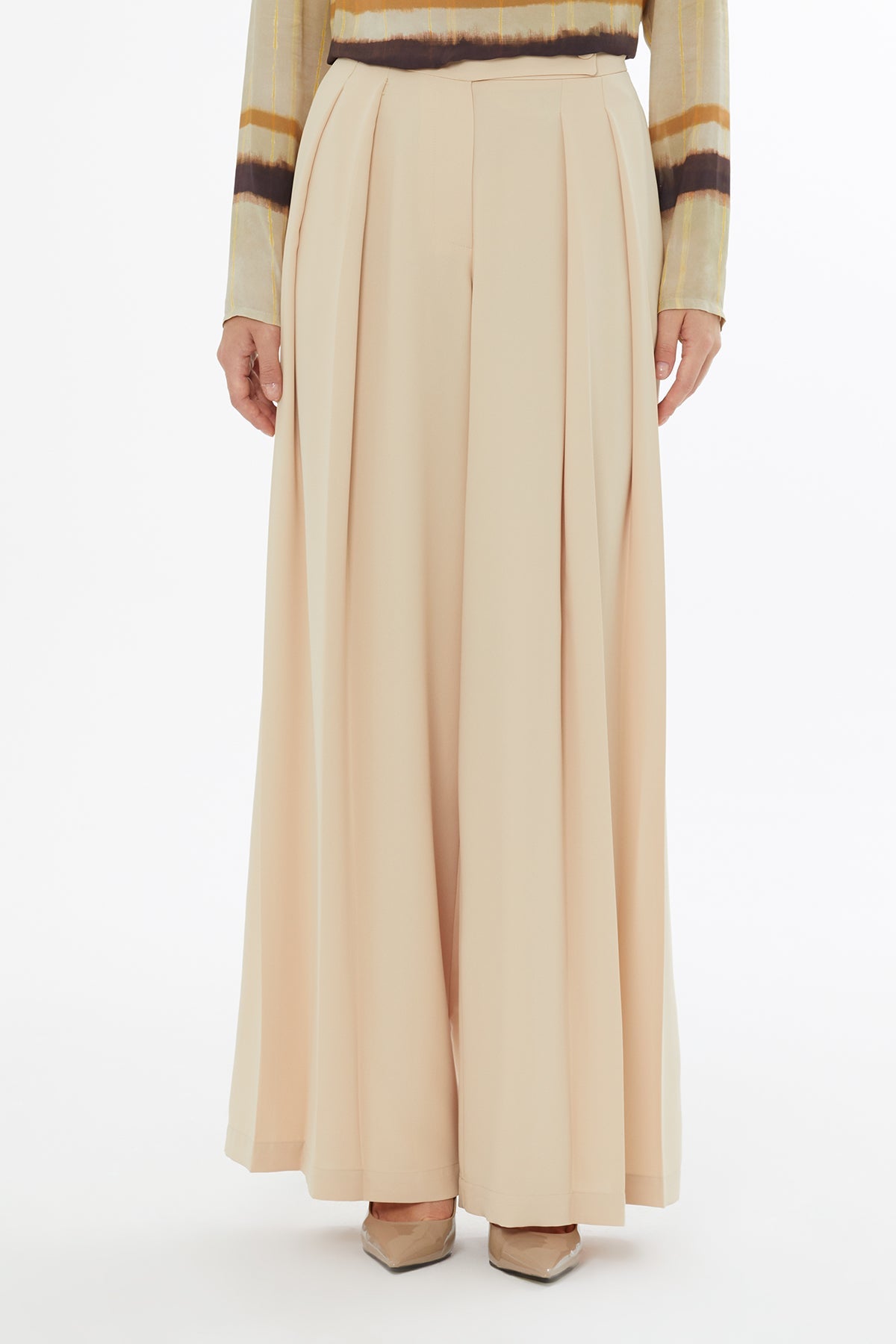 Beige Pleated-Detail Pants with Pockets