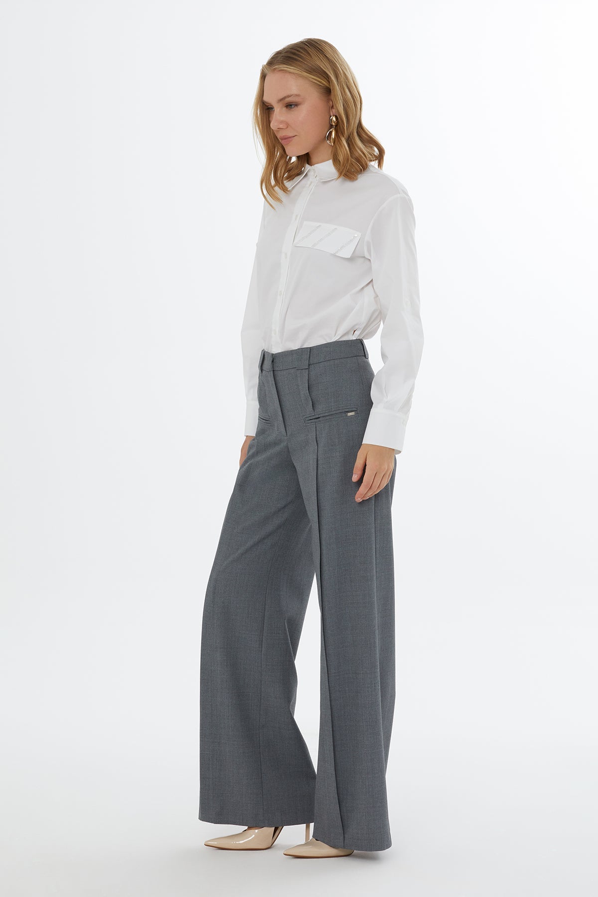 Grey Rib-Detail Wide-Leg Trousers
