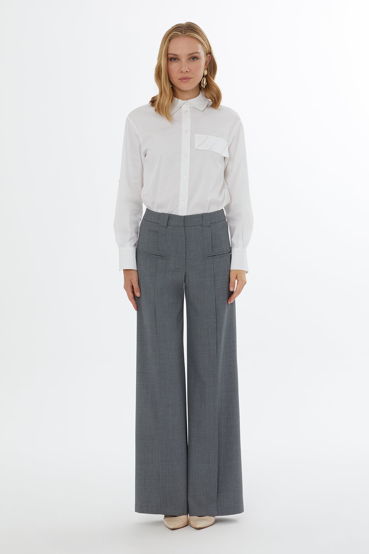 Grey Rib-Detail Wide-Leg Trousers