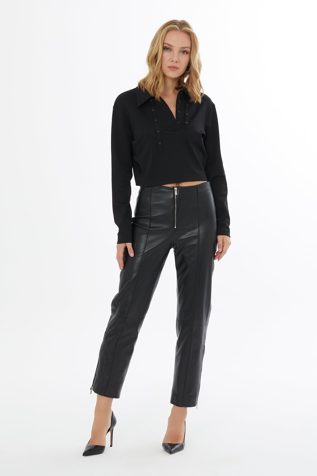 Black Leather Trousers with Zip Cuffs
