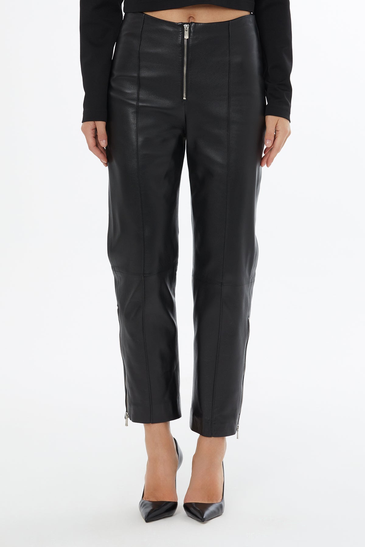 Black Leather Trousers with Zip Cuffs