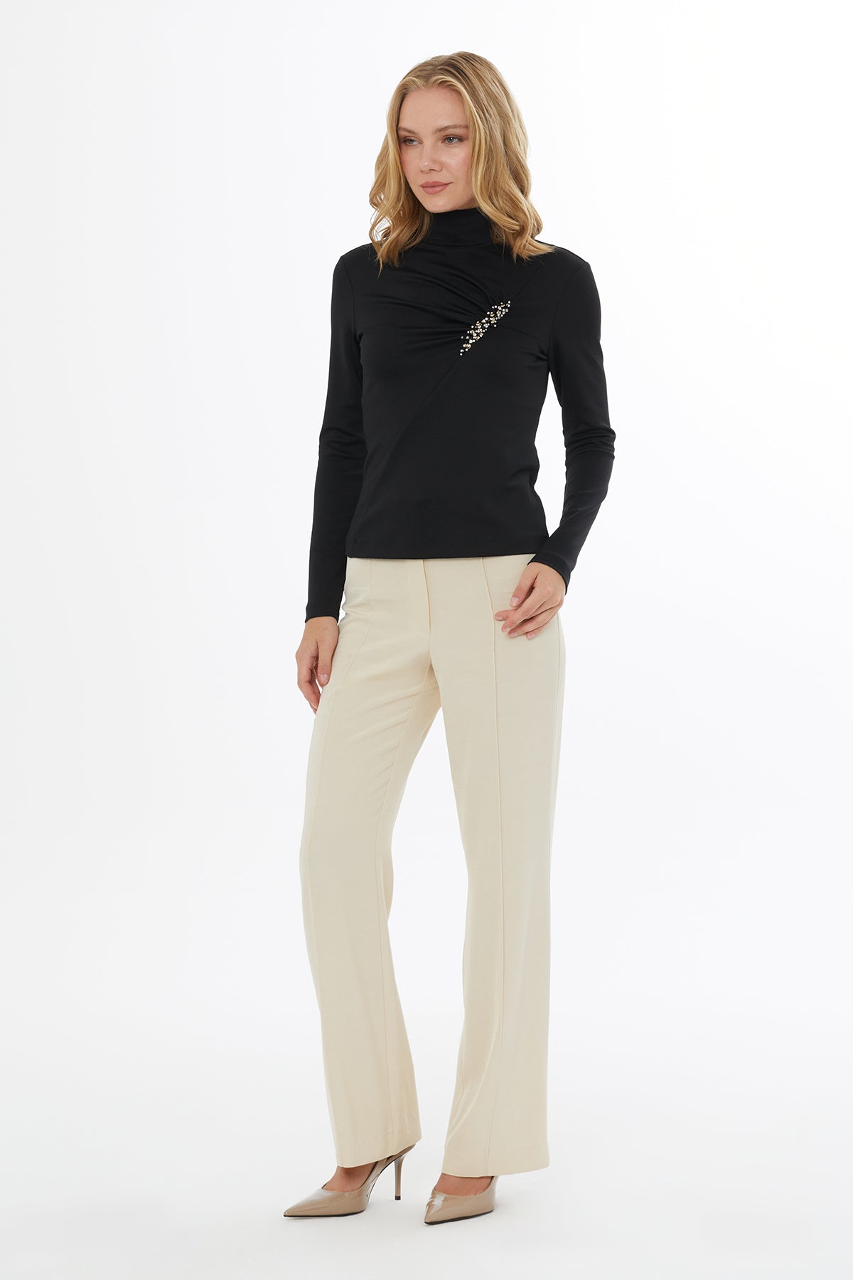 Black Pleated Turtleneck Blouse