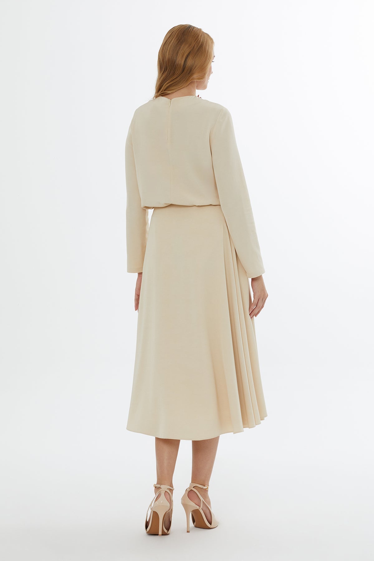 Beige Beaded Flared Midi Skirt