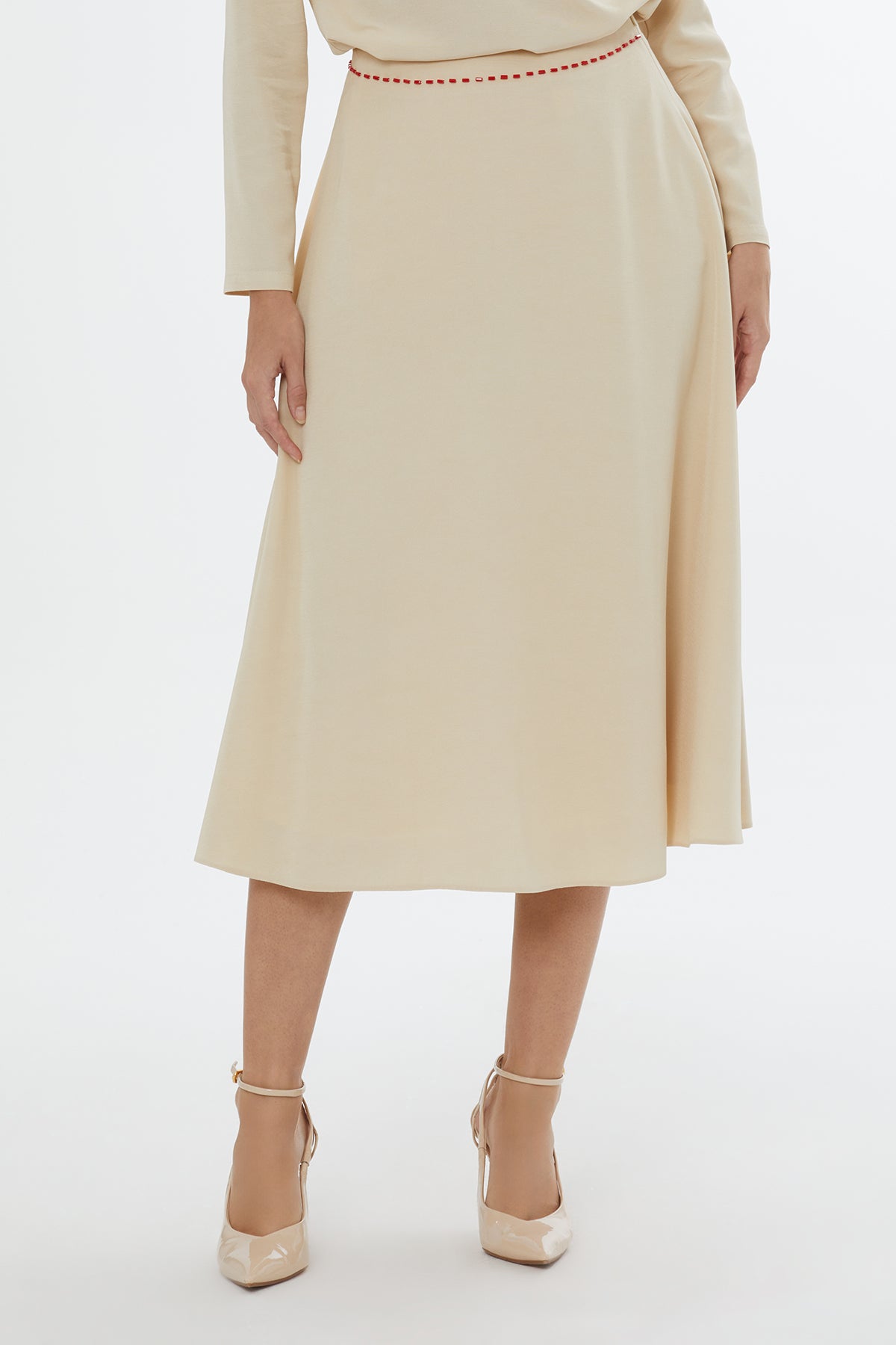 Beige Beaded Flared Midi Skirt