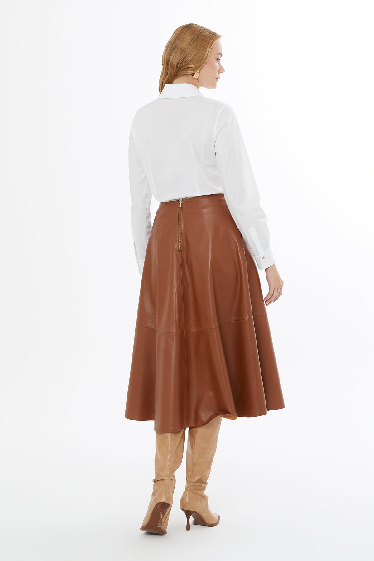 Brown Flared Leather Midi Skirt