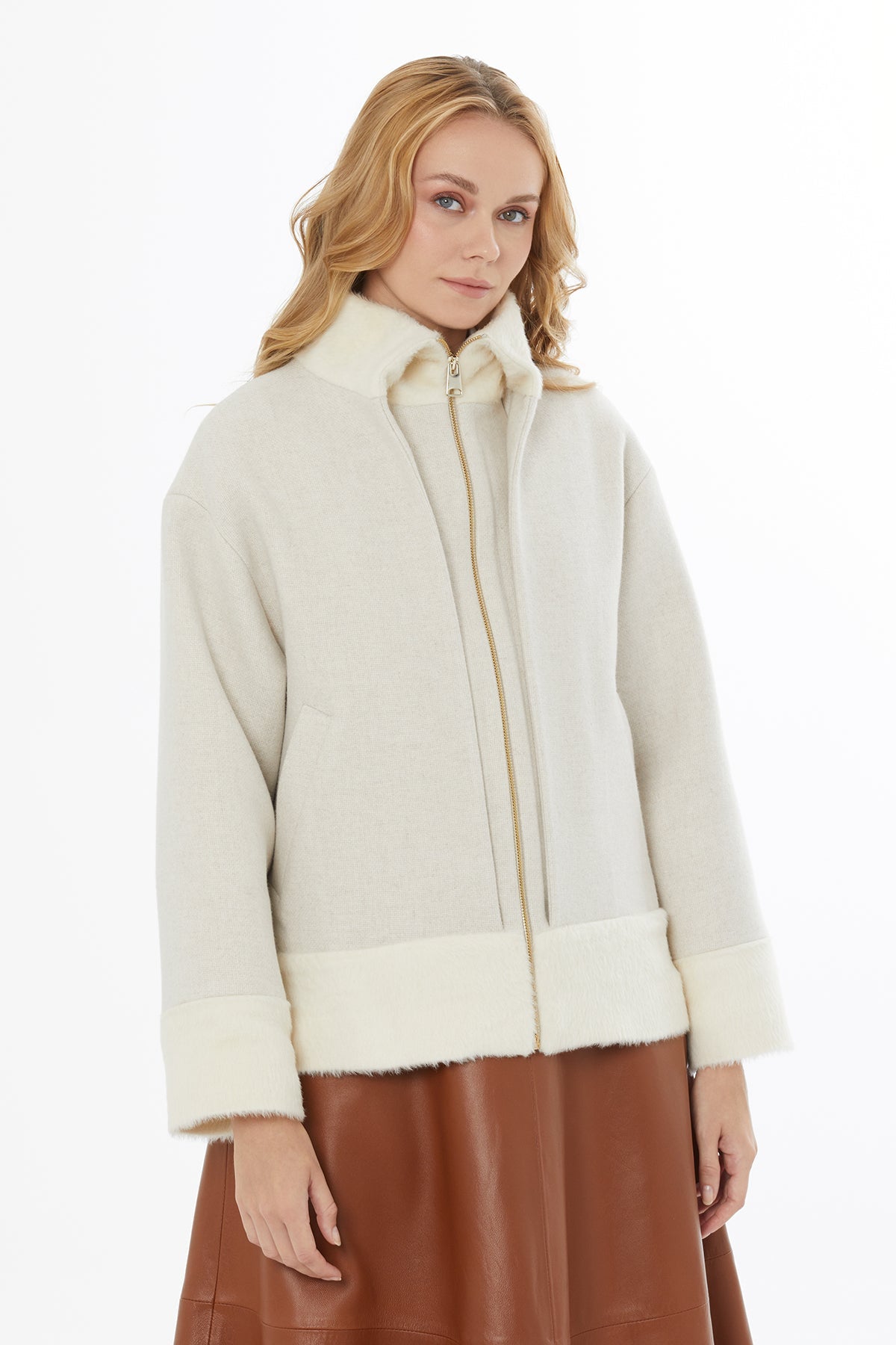 Oversized Jacket with Stand Collar and Pockets