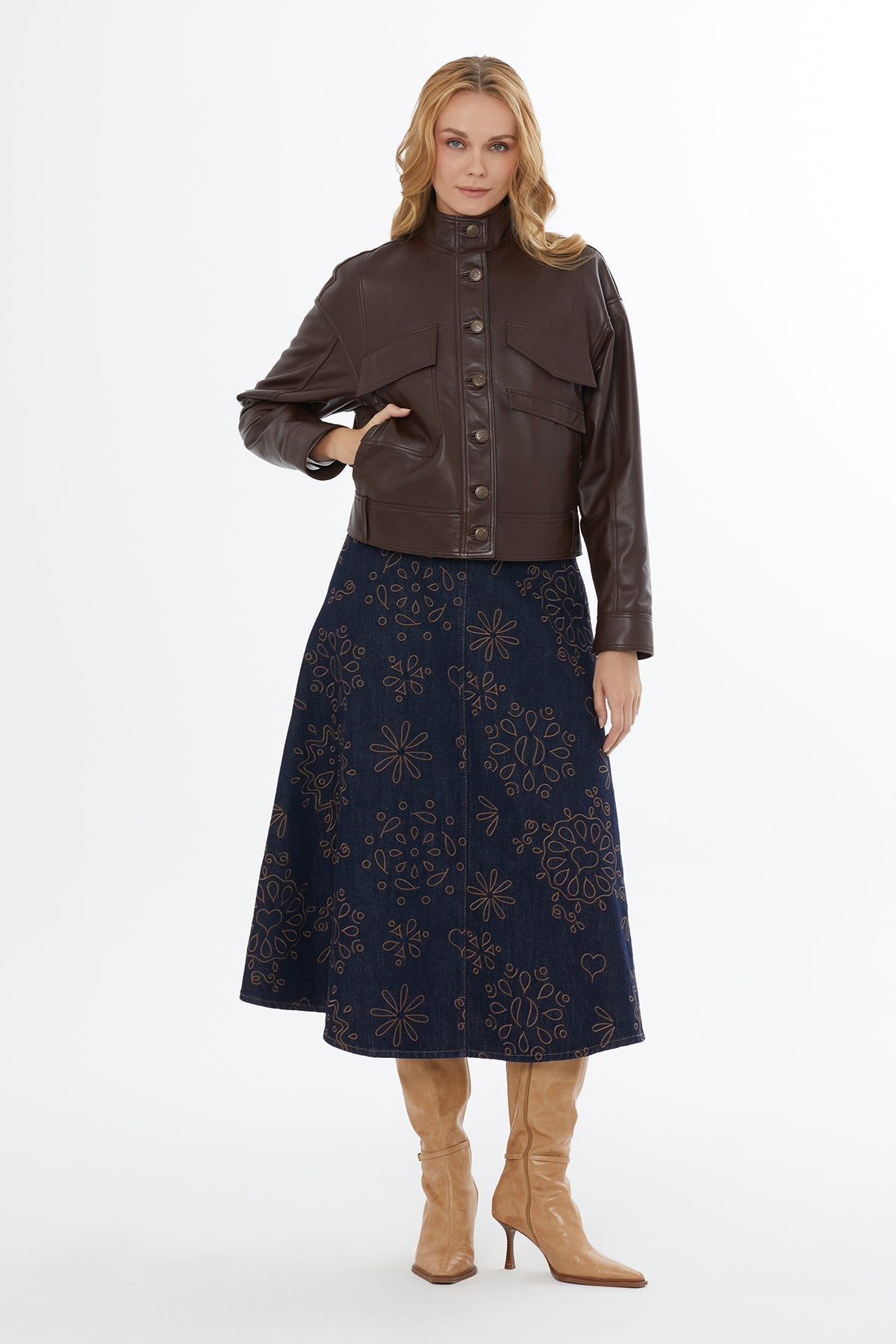 Brown Stand-Collar Leather Jacket