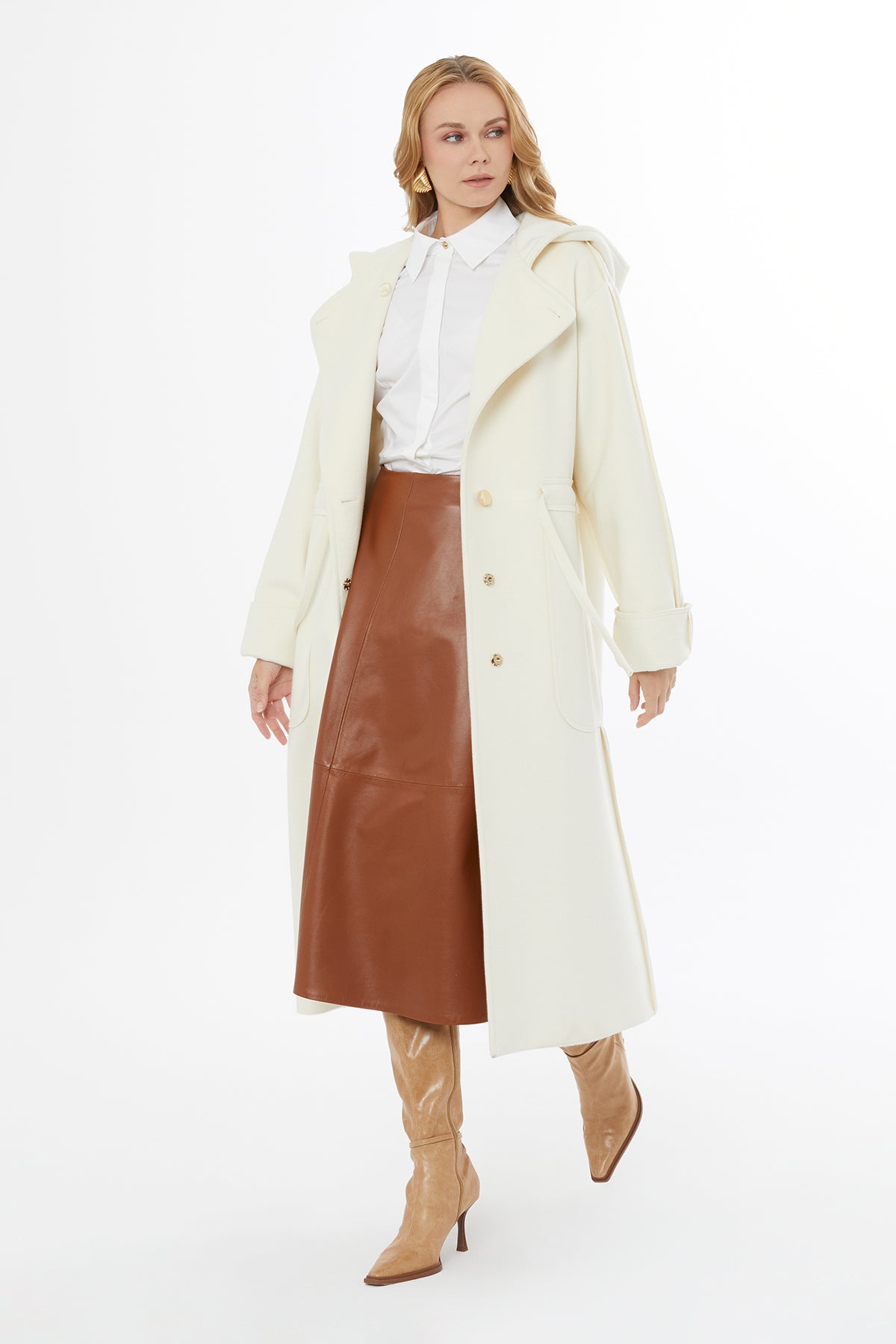 White Hooded Coat with Tie Detail