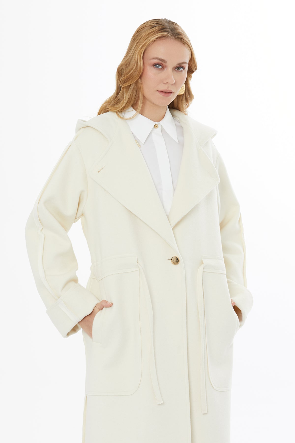 White Hooded Coat with Tie Detail