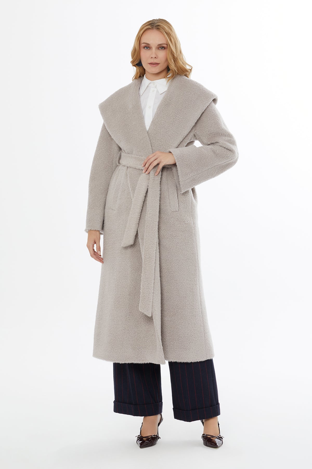 Beige Hooded Coat with Belt Closure