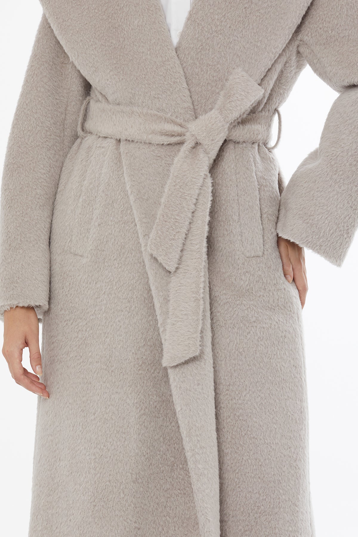 Beige Hooded Coat with Belt Closure