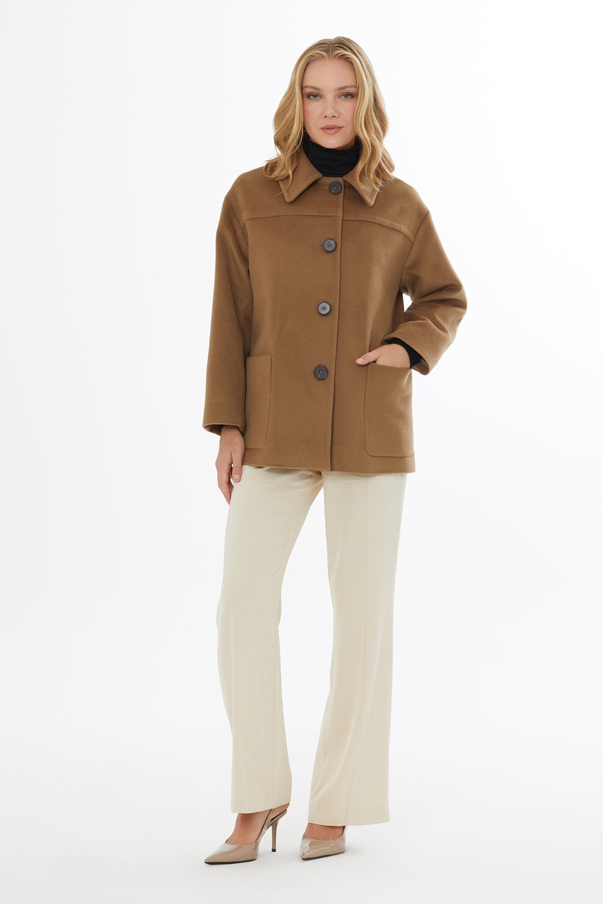 Brown Applique-Pocketed Shirt-Collar Jacket