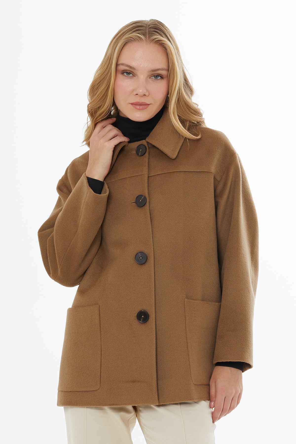 Brown Applique-Pocketed Shirt-Collar Jacket