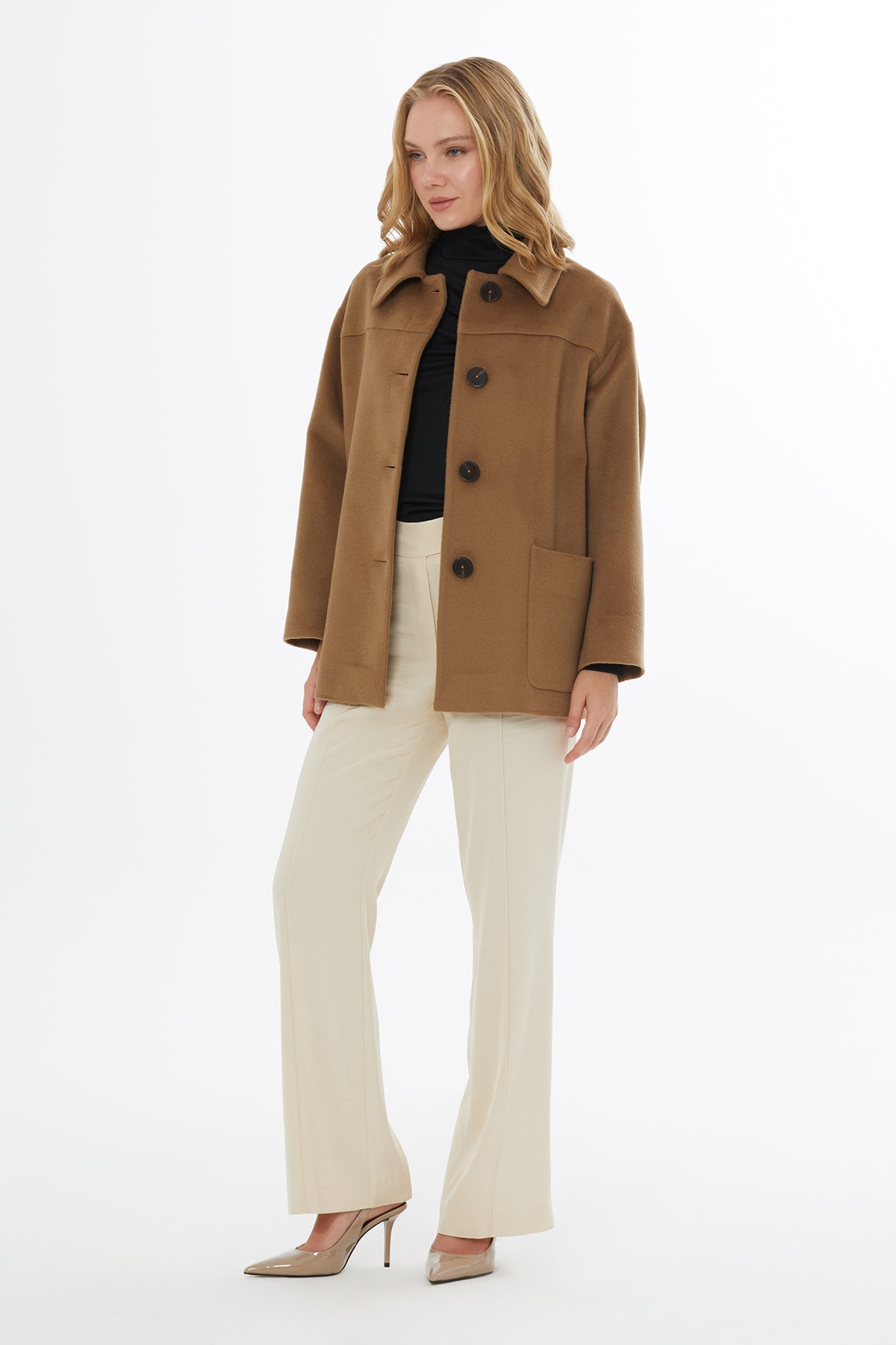 Brown Applique-Pocketed Shirt-Collar Jacket