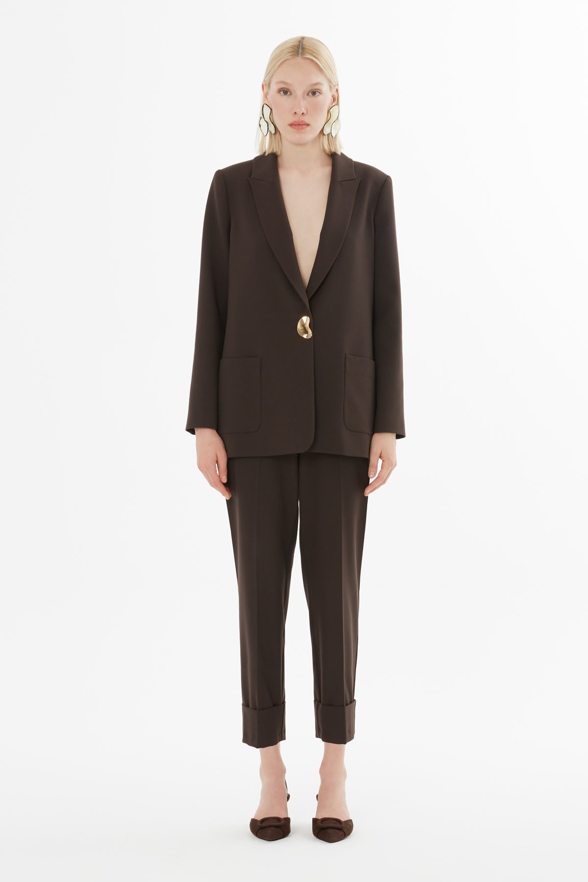 Set with Double Pleated Pants and Elastic Waist, Metal Button Detail