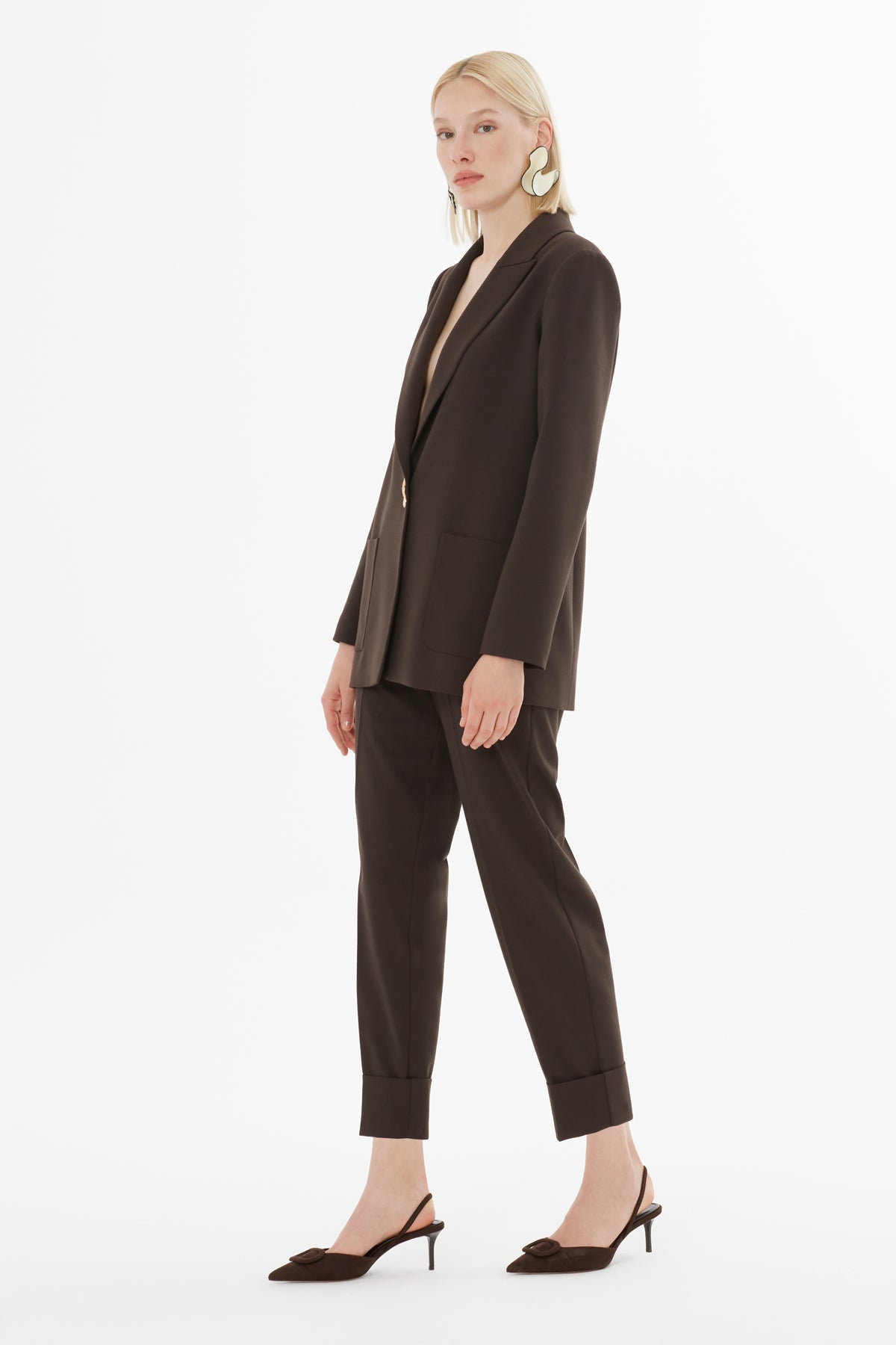 Set with Double Pleated Pants and Elastic Waist, Metal Button Detail