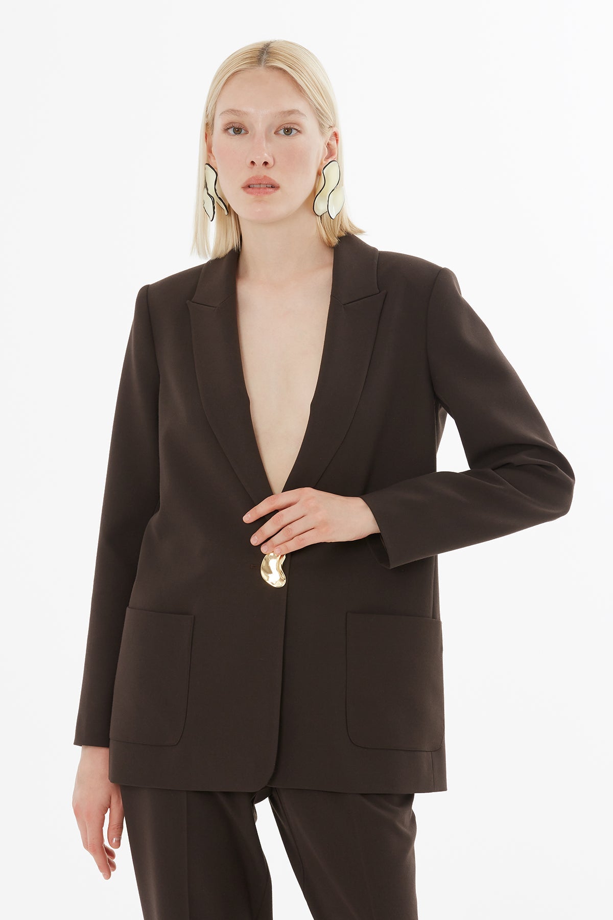 Set with Double Pleated Pants and Elastic Waist, Metal Button Detail