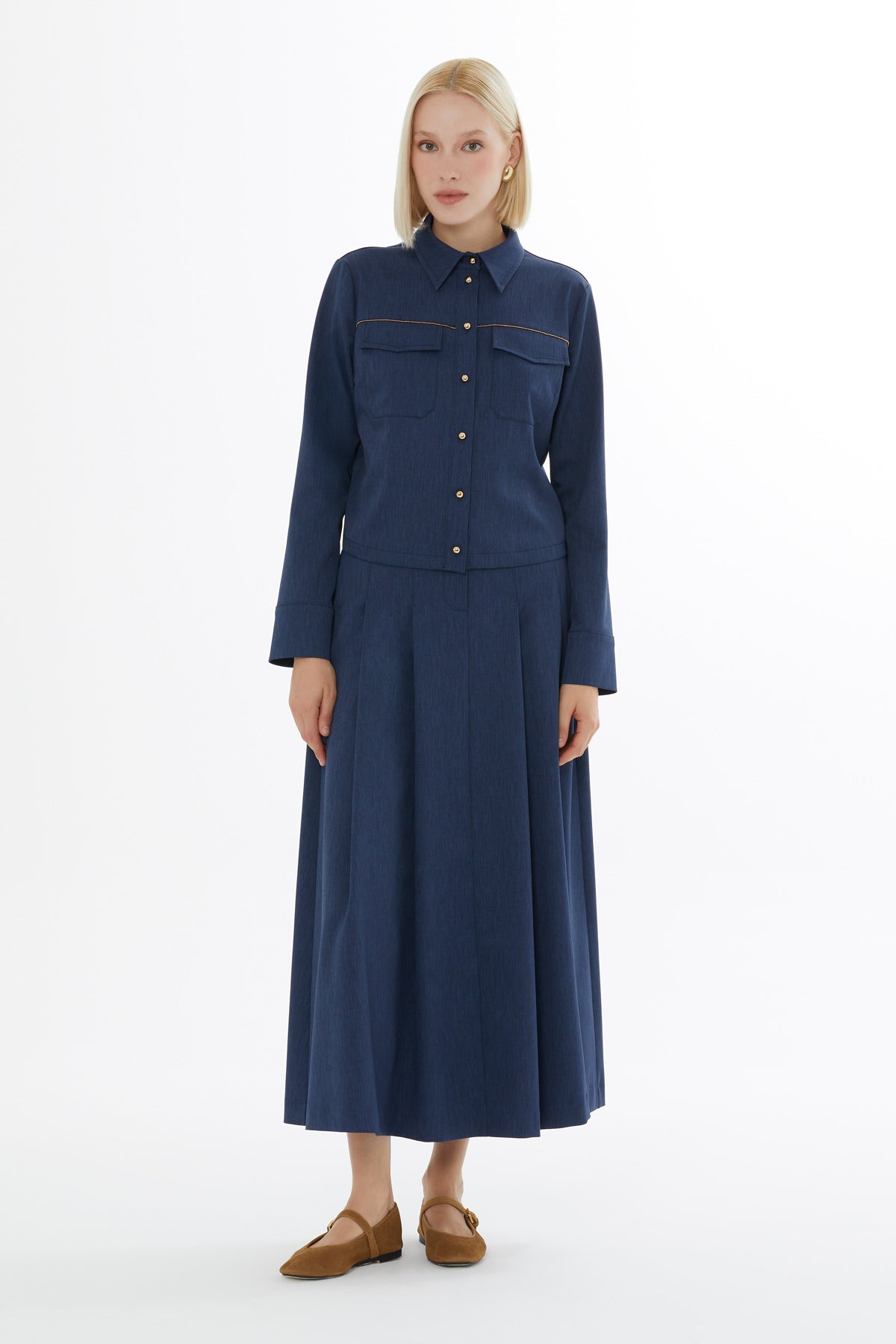 Navy Shirt and Midi Skirt Set