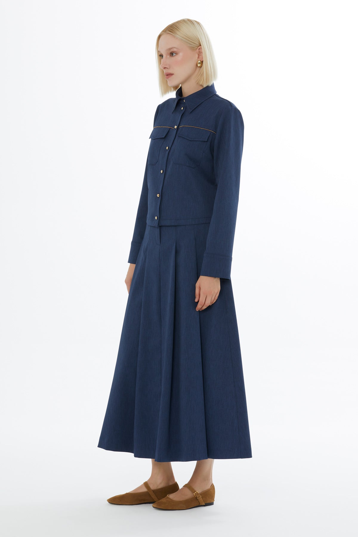 Navy Shirt and Midi Skirt Set