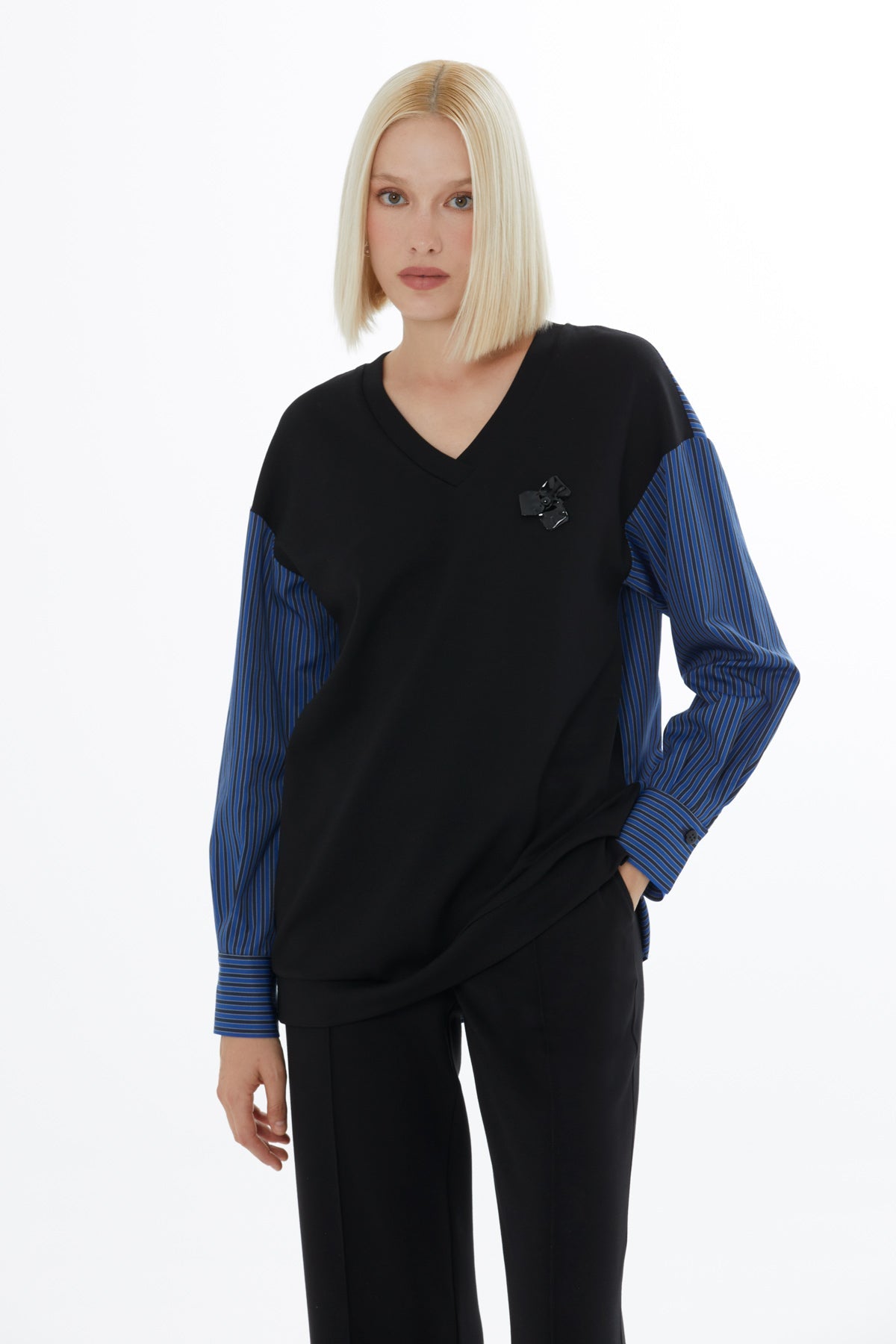 Black Tracksuit Set with Brooch Detail