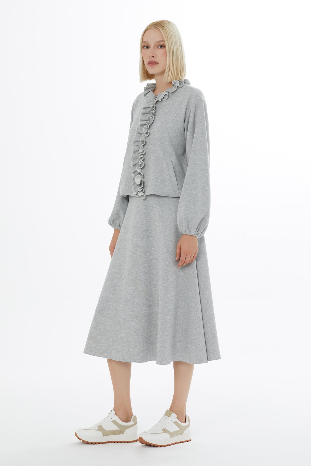 Grey Cardigan and Midi Skirt Set