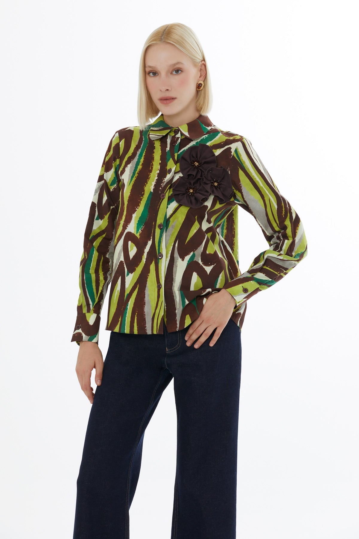 Blue Shirt with Patterned Floral Details