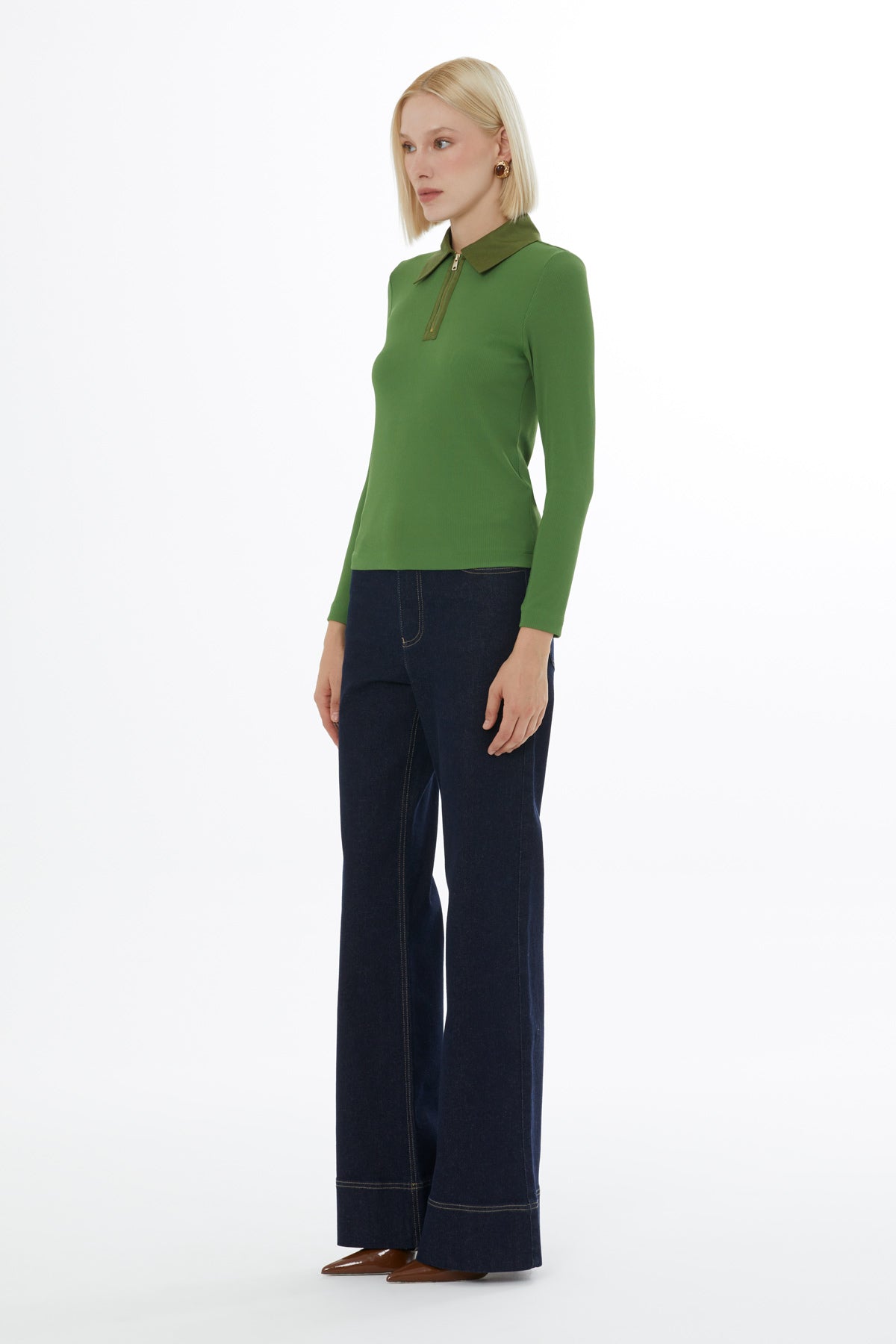 Green Metal-Front-Zipper Blouse