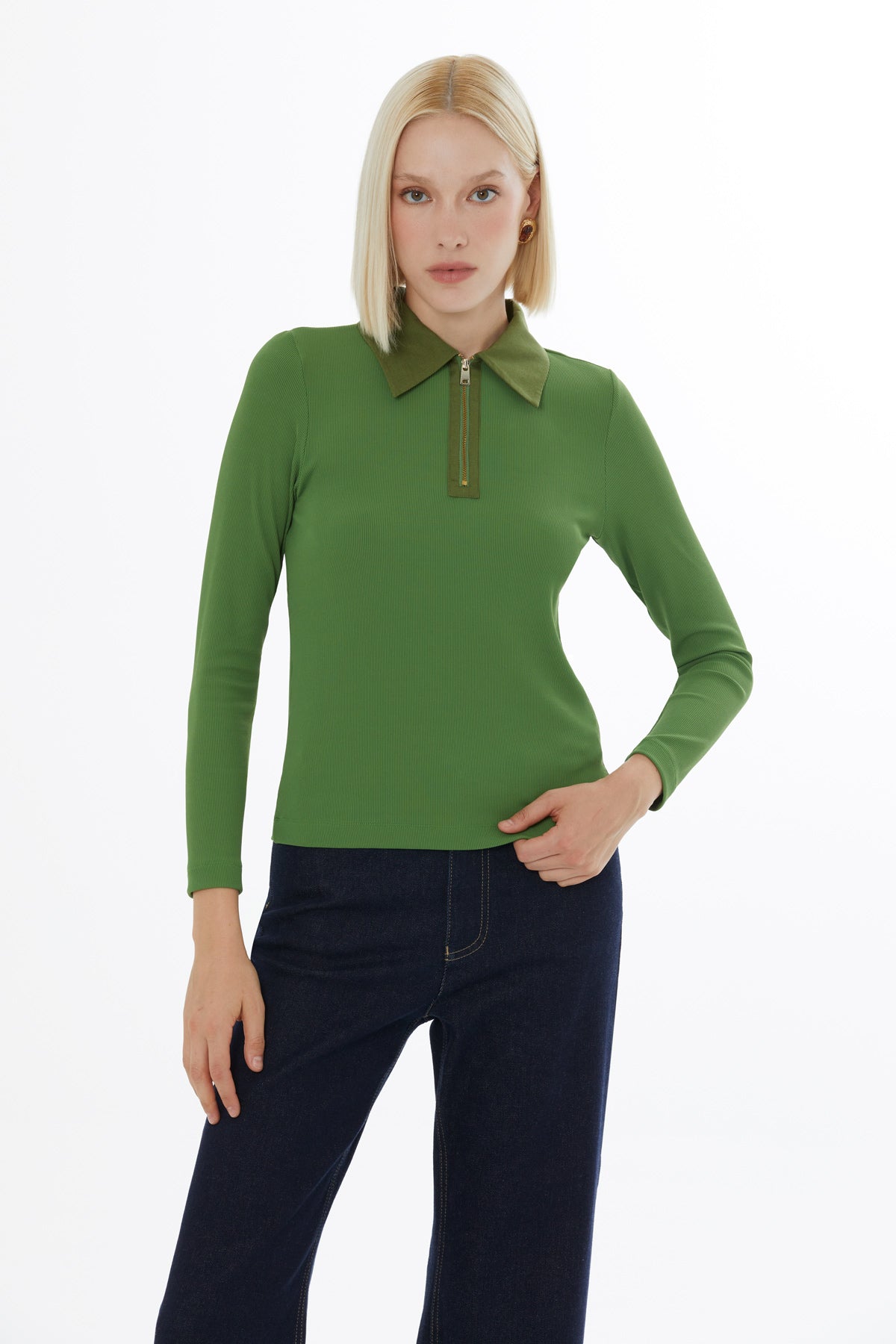 Green Metal-Front-Zipper Blouse