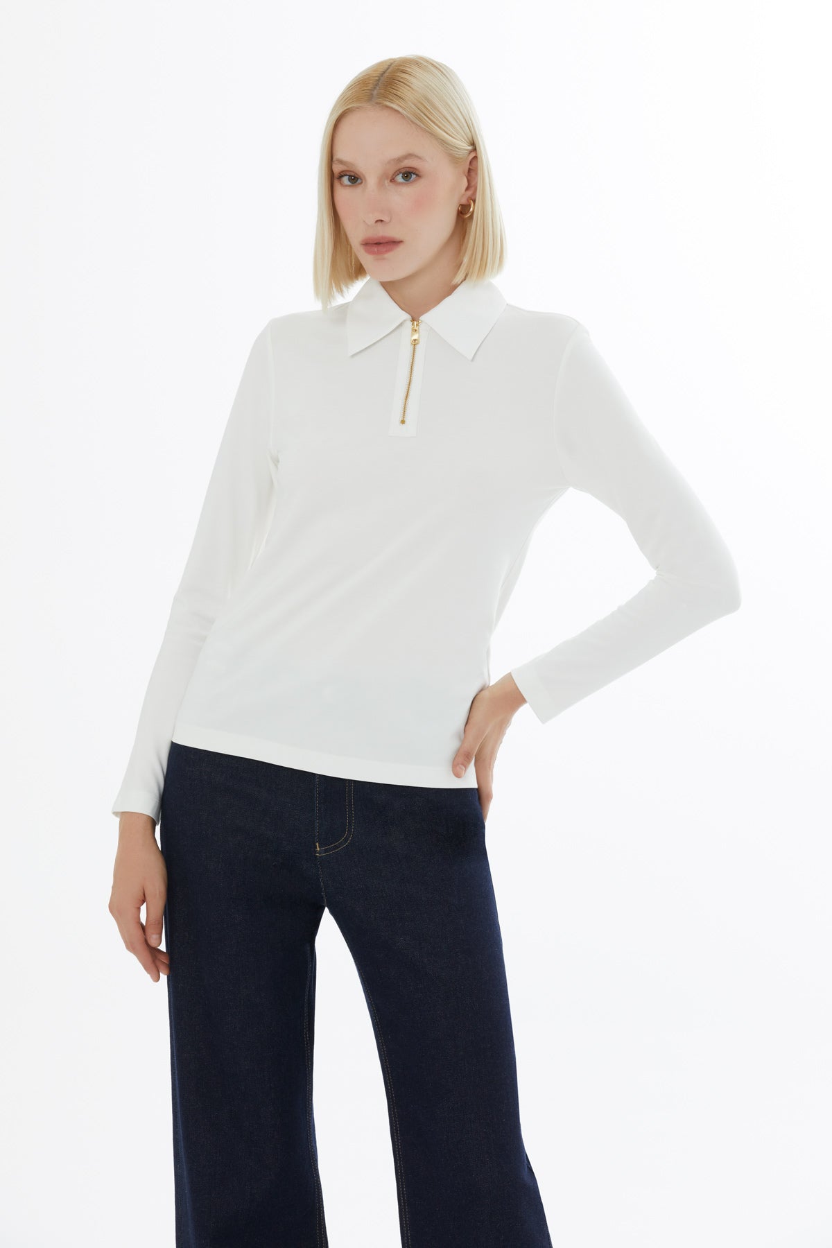 Beige Blouse with Detailed Polo Collar