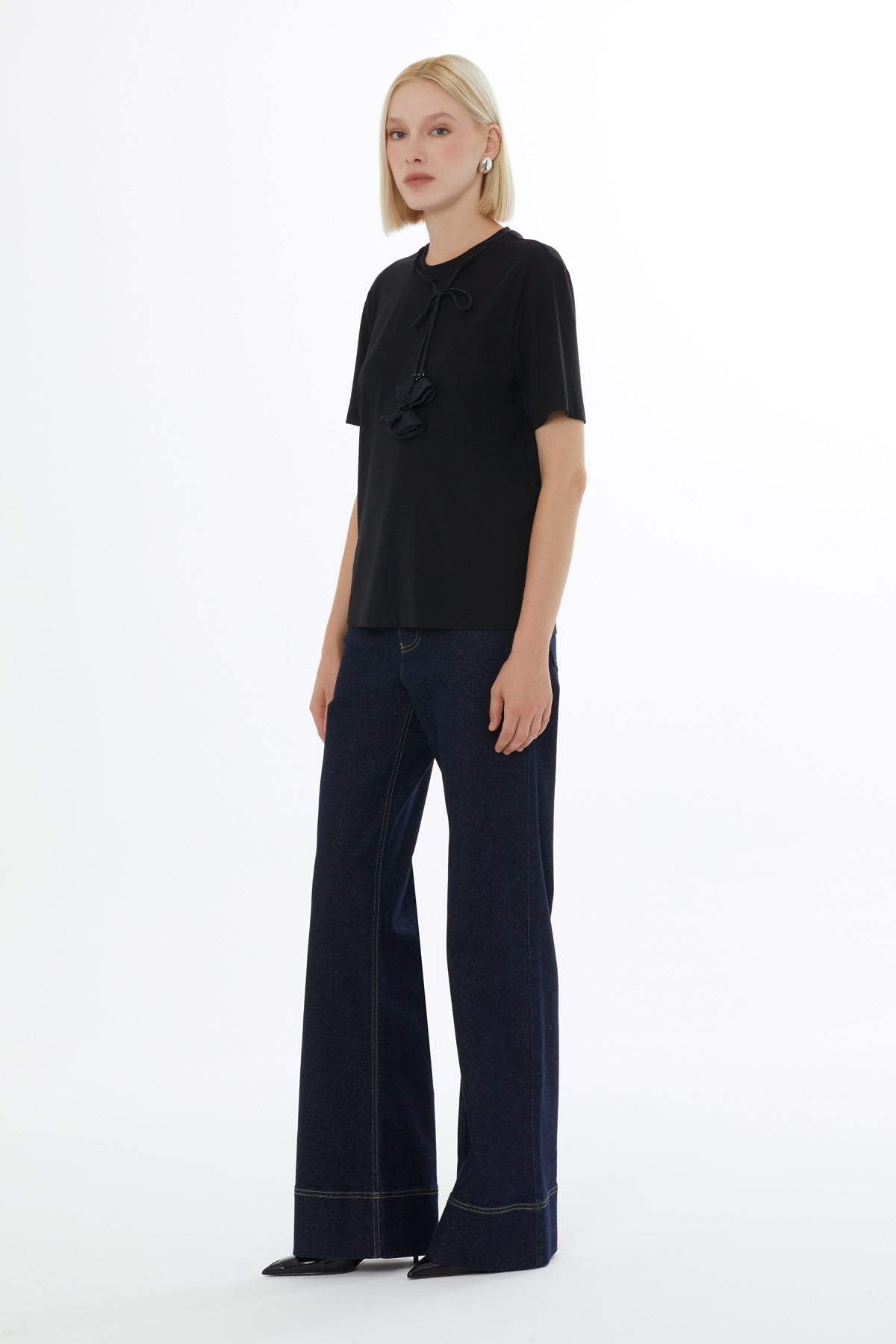 Black Minimalist Blouse with Accessory Details