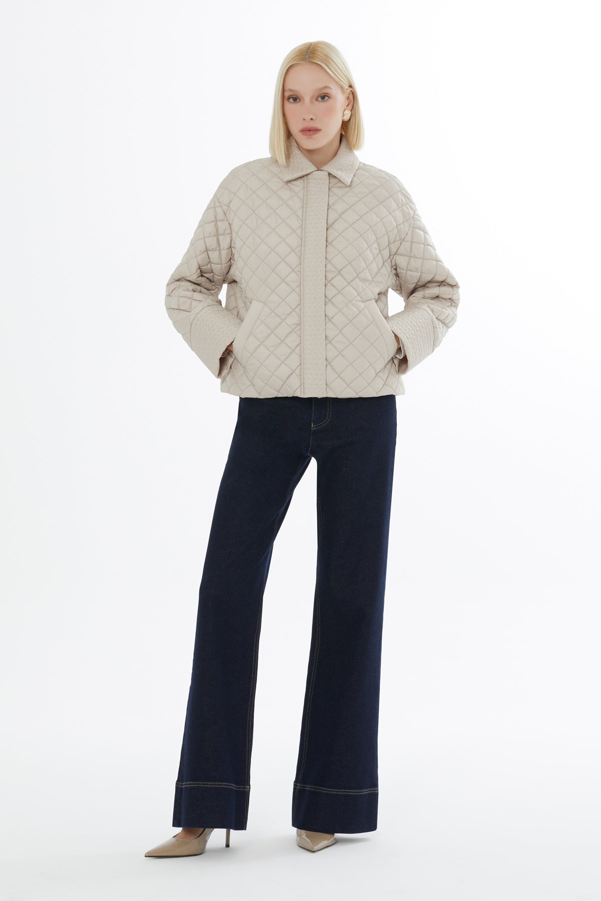 Beige Quilted Jacket with Zip-Up Closure