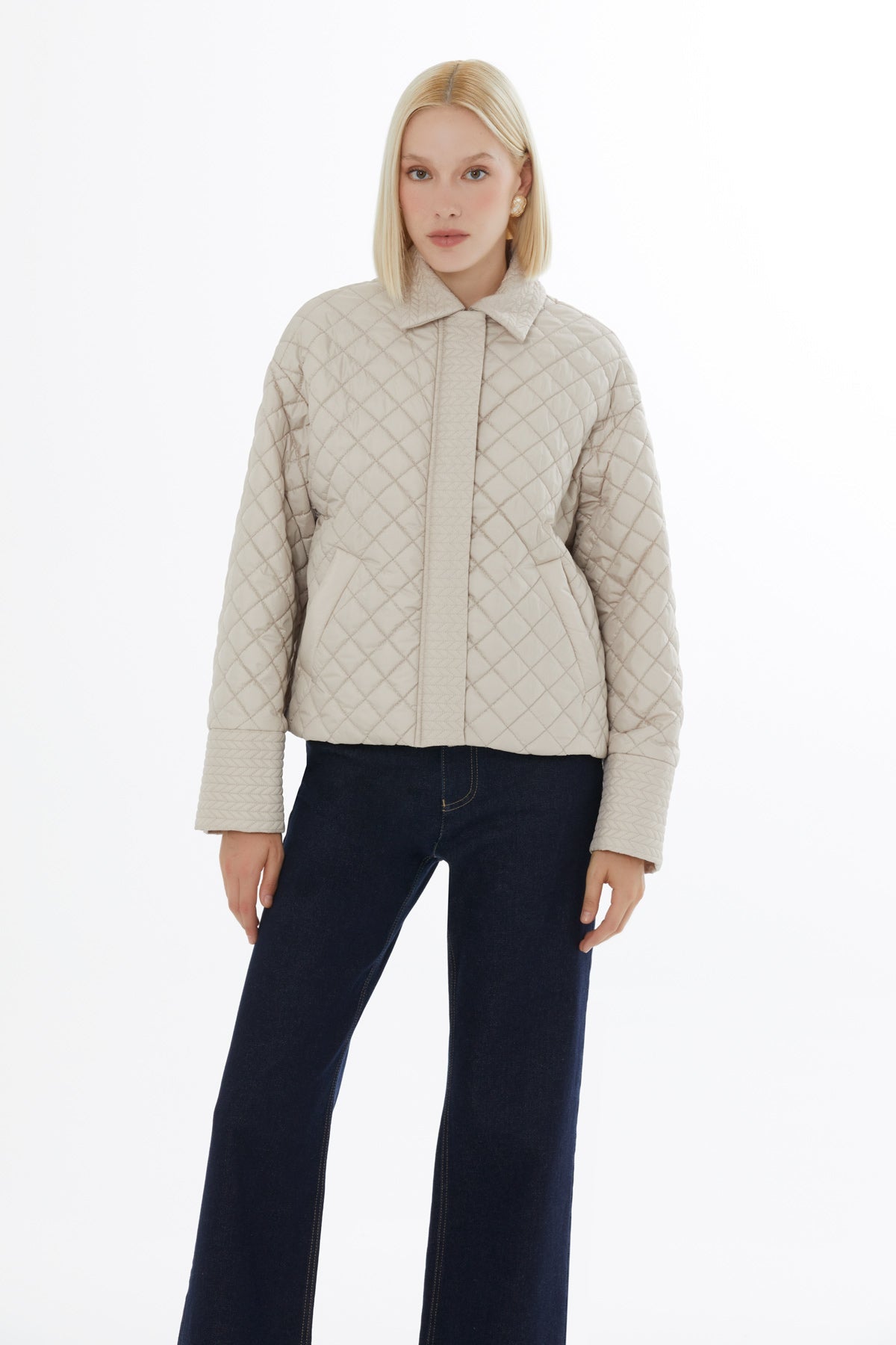 Beige Quilted Jacket with Zip-Up Closure