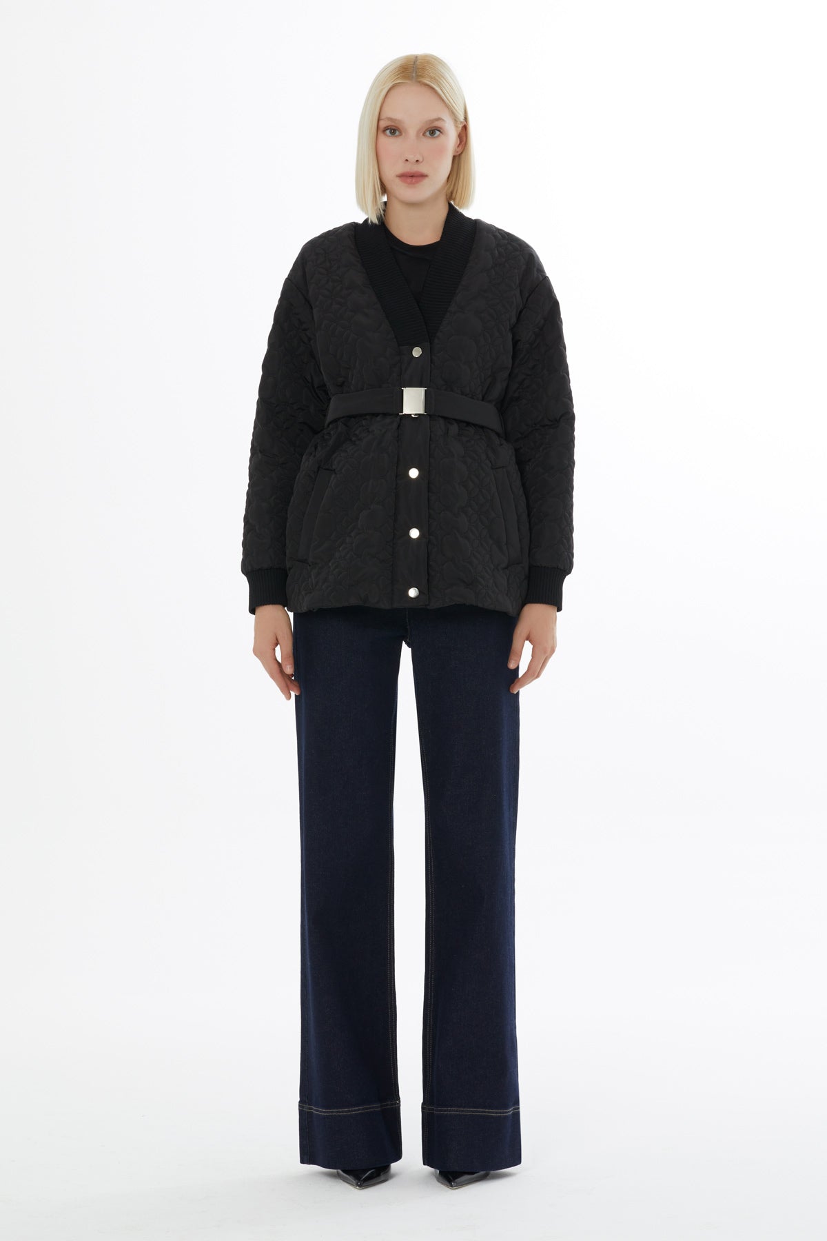 Black Quilted Jacket with Belt