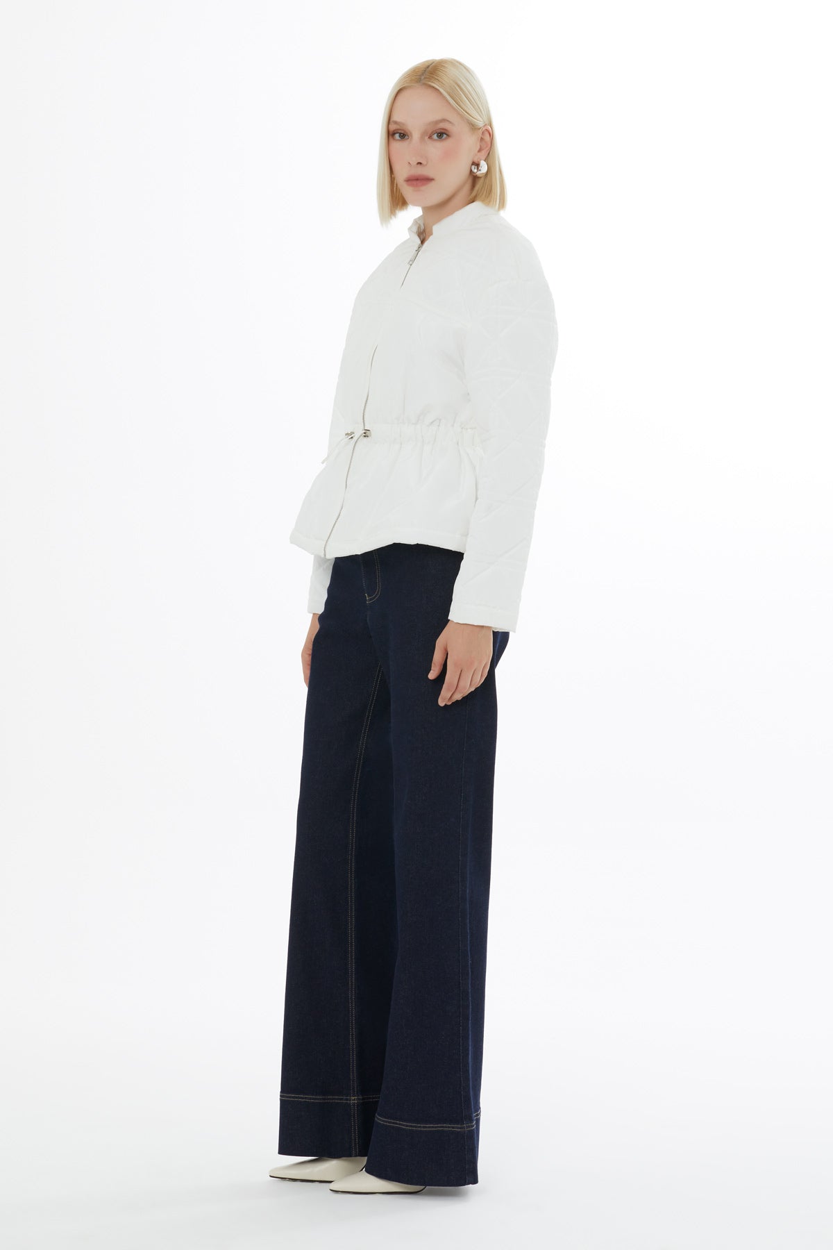 White Quilted Jacket with Elastic Waistband