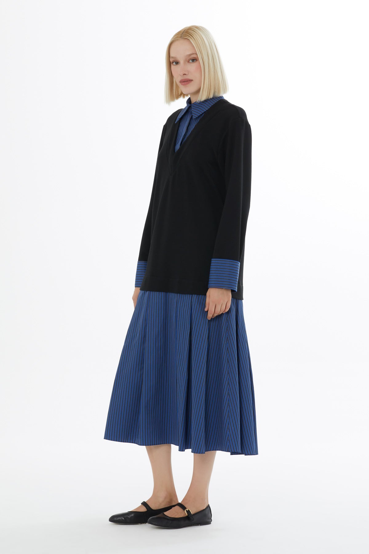 Navy Shirt-Detail Midi Dress