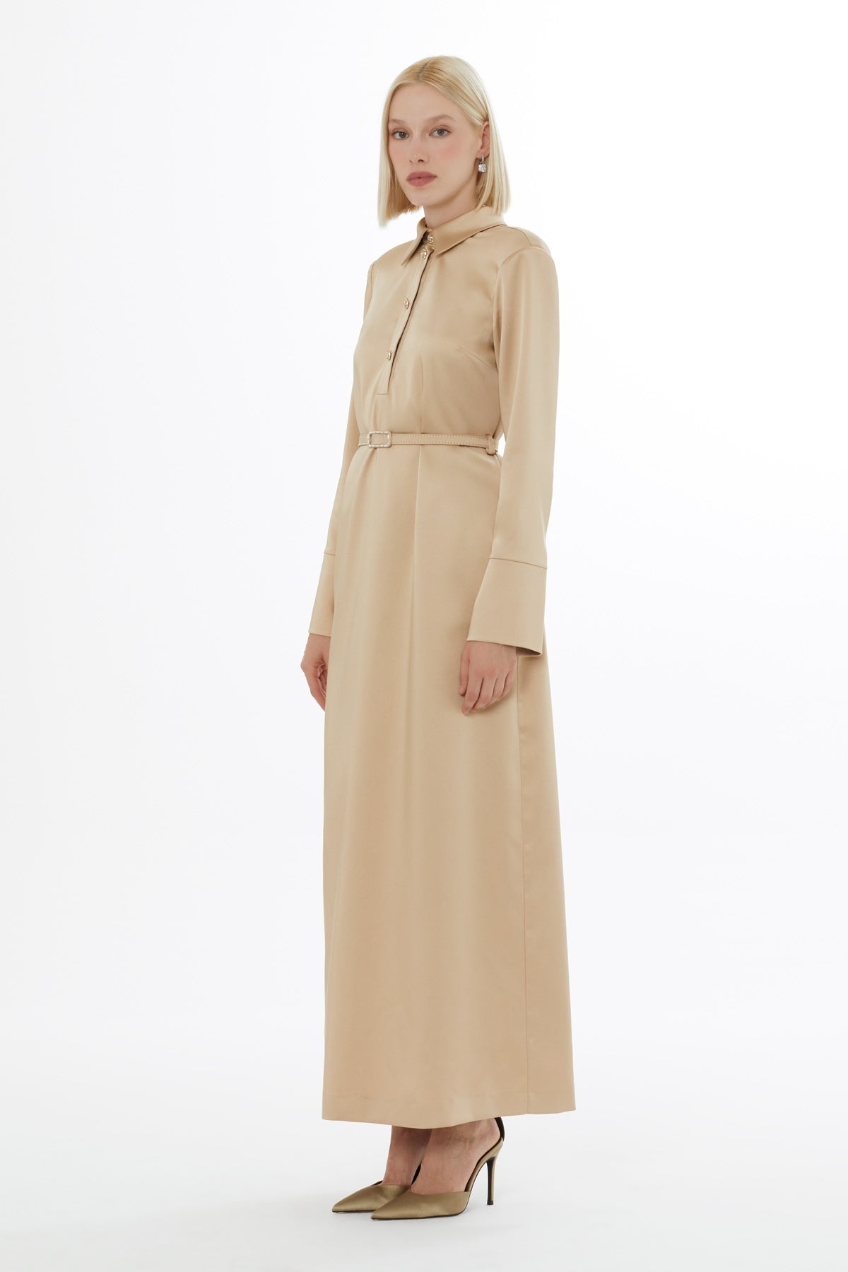 Beige Long-Sleeved Maxi Dress