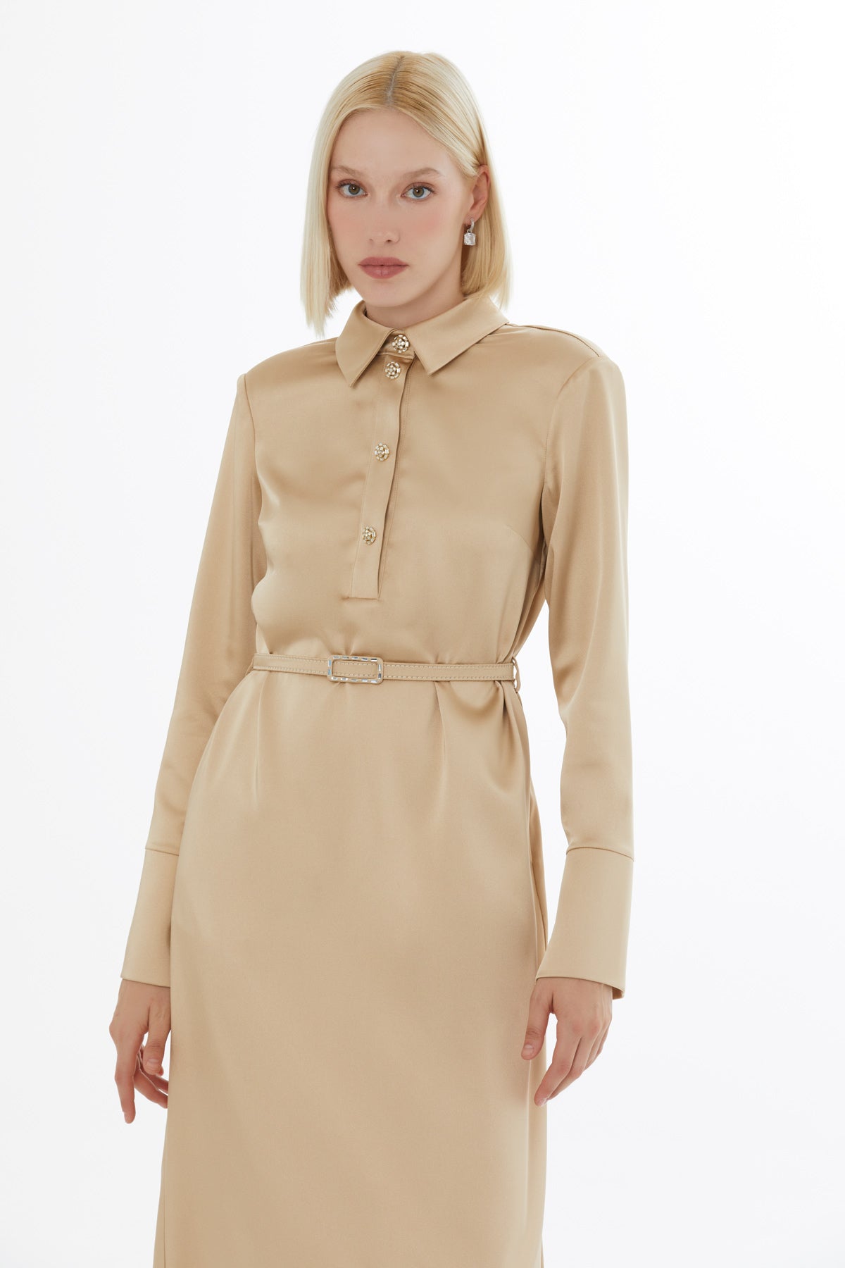 Beige Long-Sleeved Maxi Dress