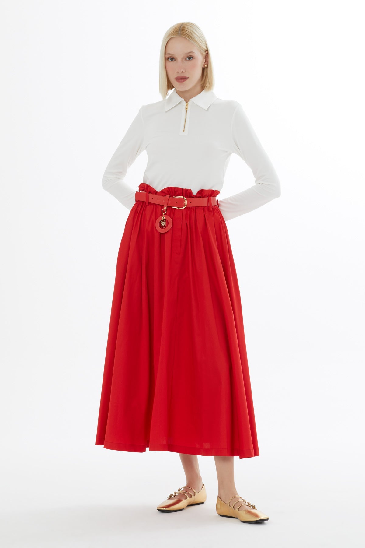Red Belted Cotton Midi Skirt
