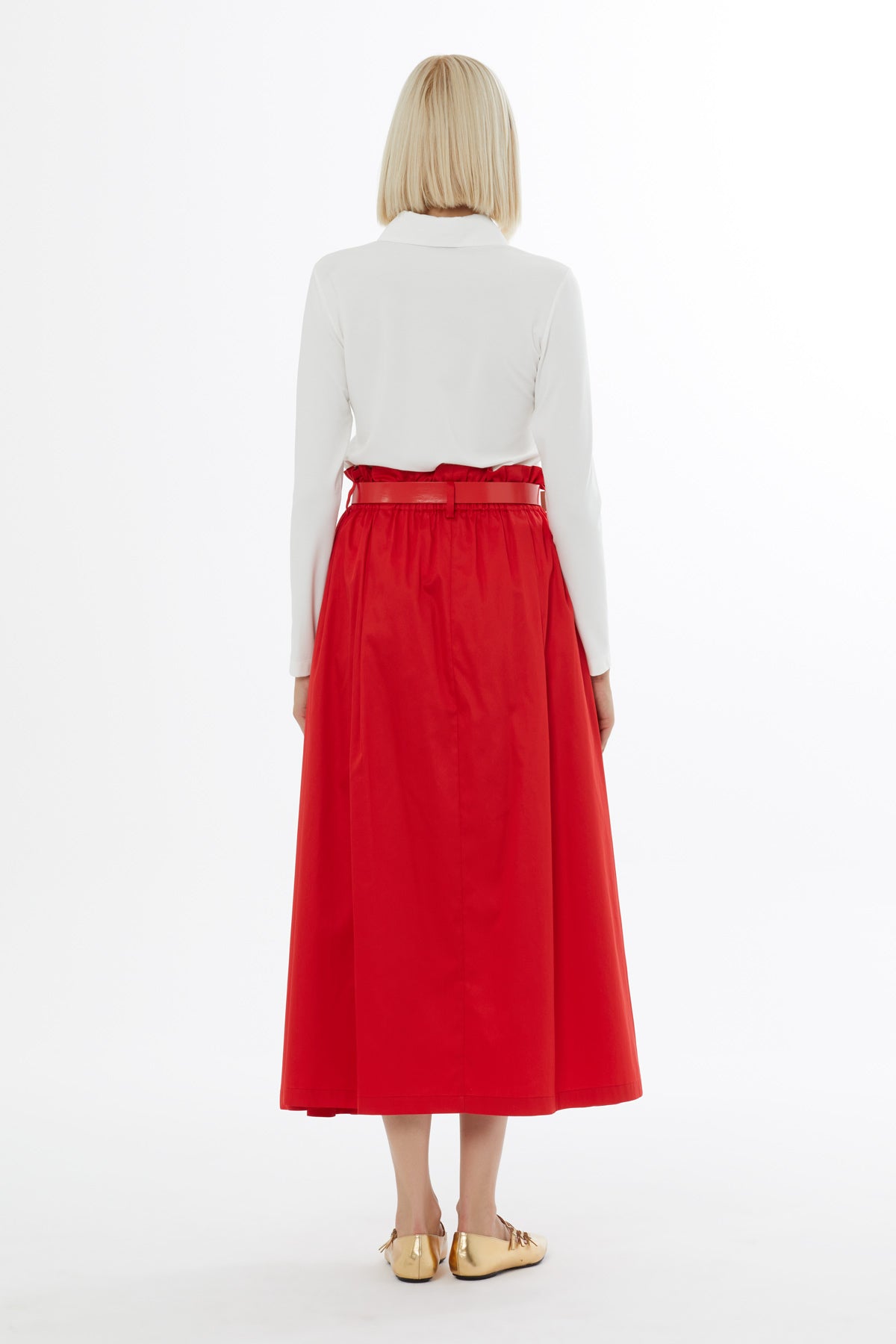 Red Belted Cotton Midi Skirt