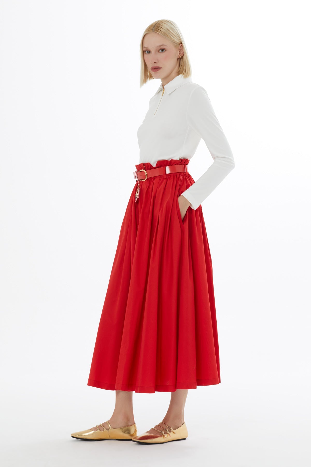 Red Belted Cotton Midi Skirt