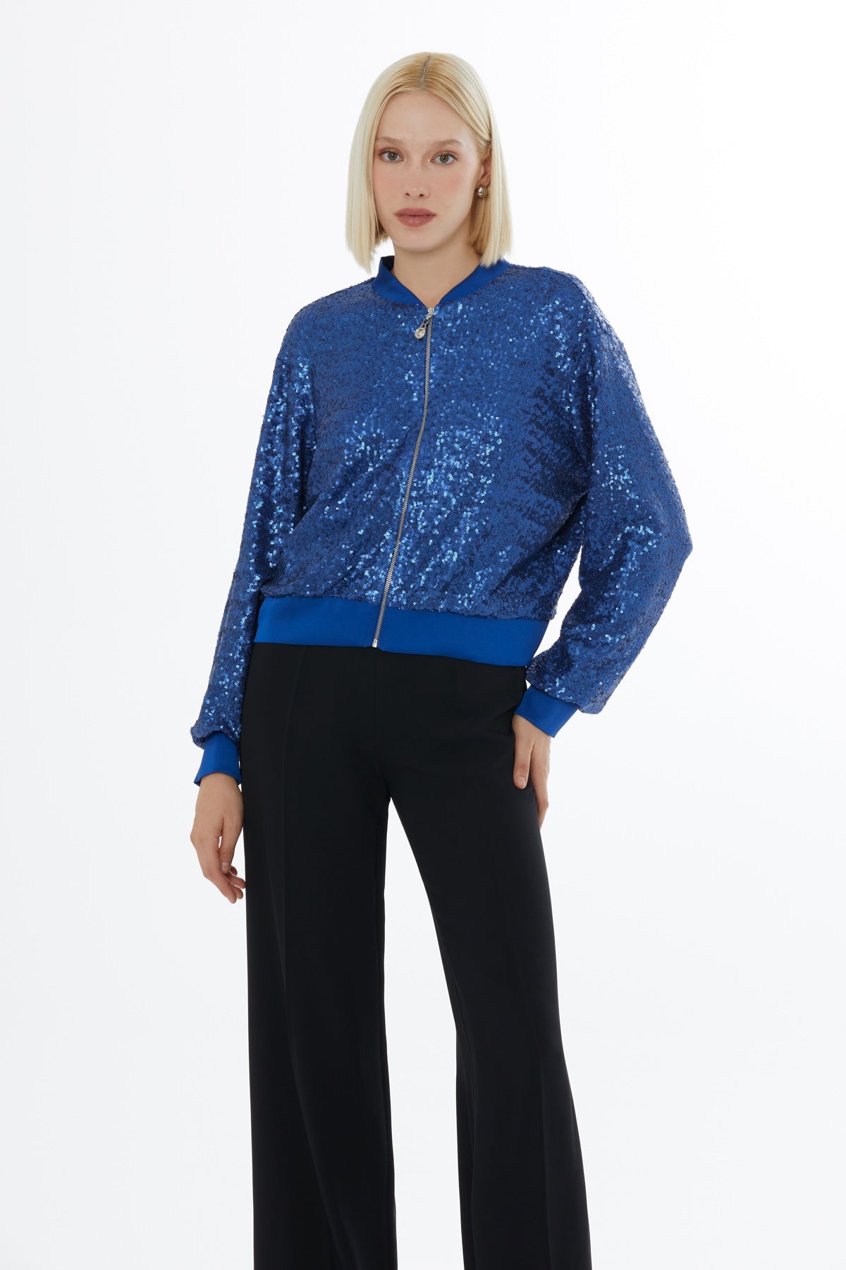 Sequin Zip-Front Bomber Jacket