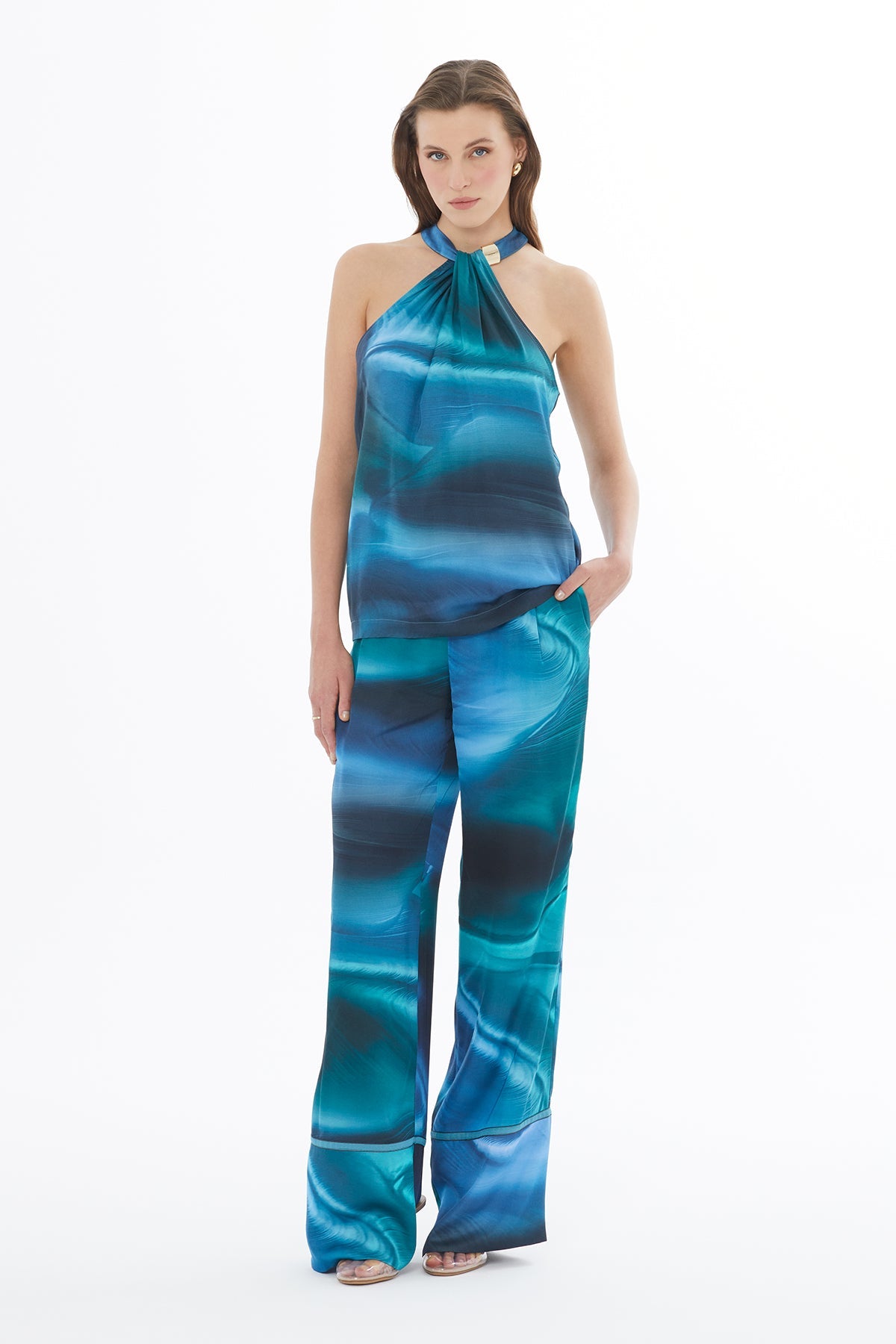 Blue Printed Blouse with Front Buckle