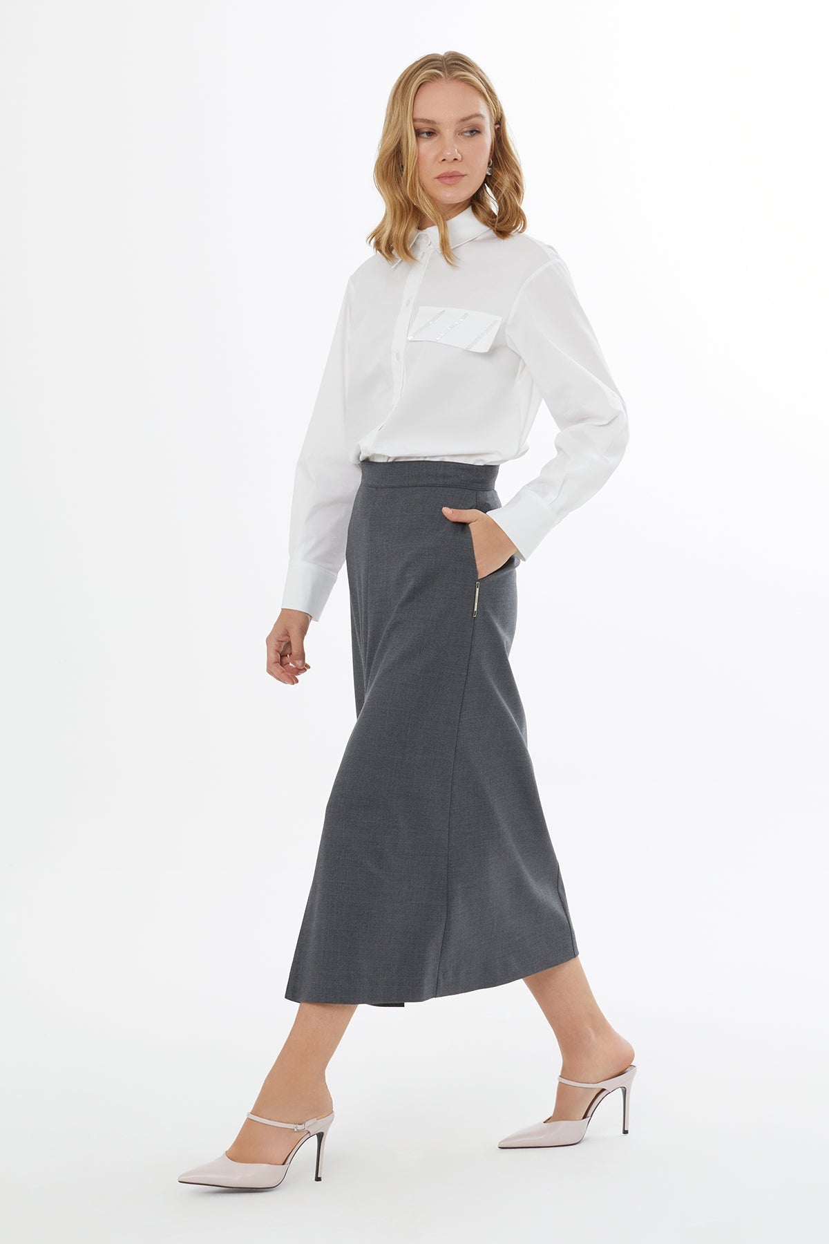 Grey Midi Skirt with Pleated Details