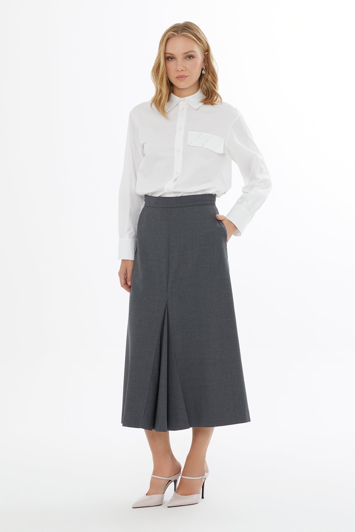 Grey Midi Skirt with Pleated Details