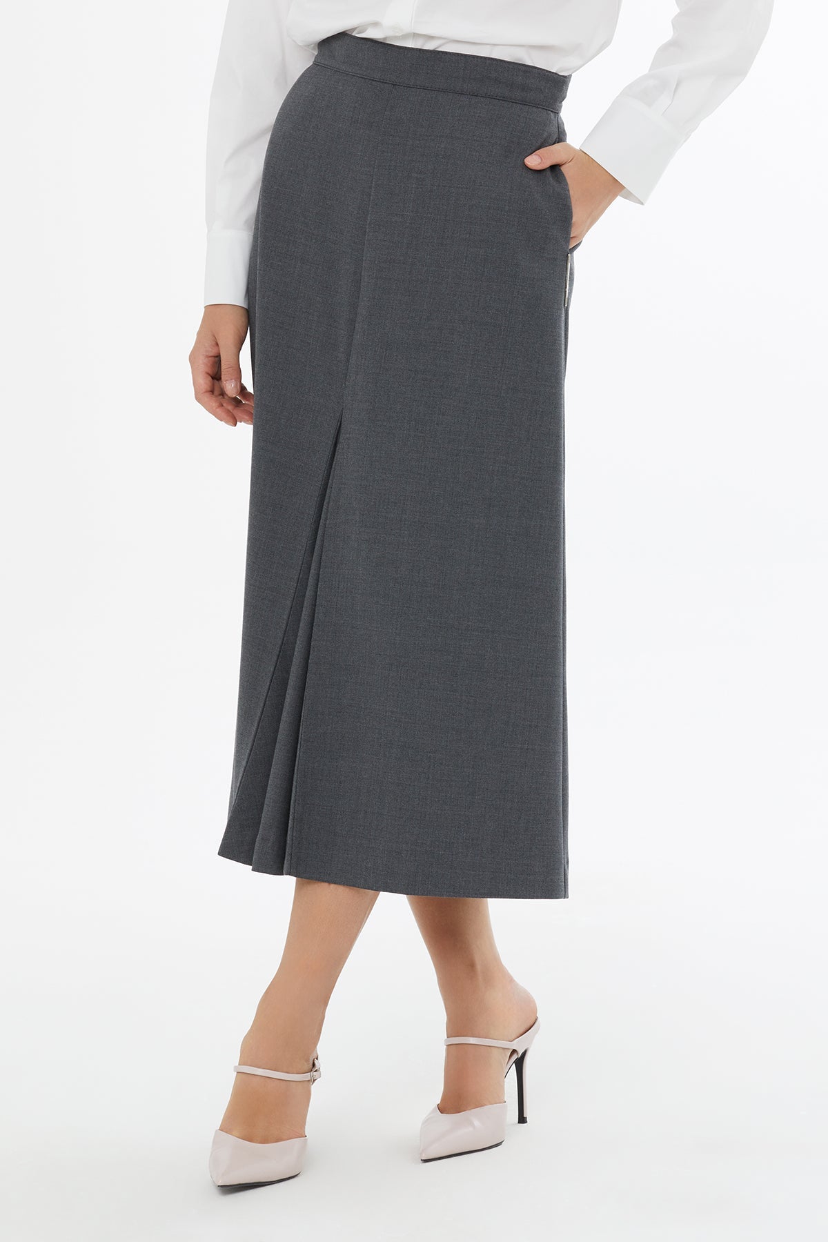 Grey Midi Skirt with Pleated Details