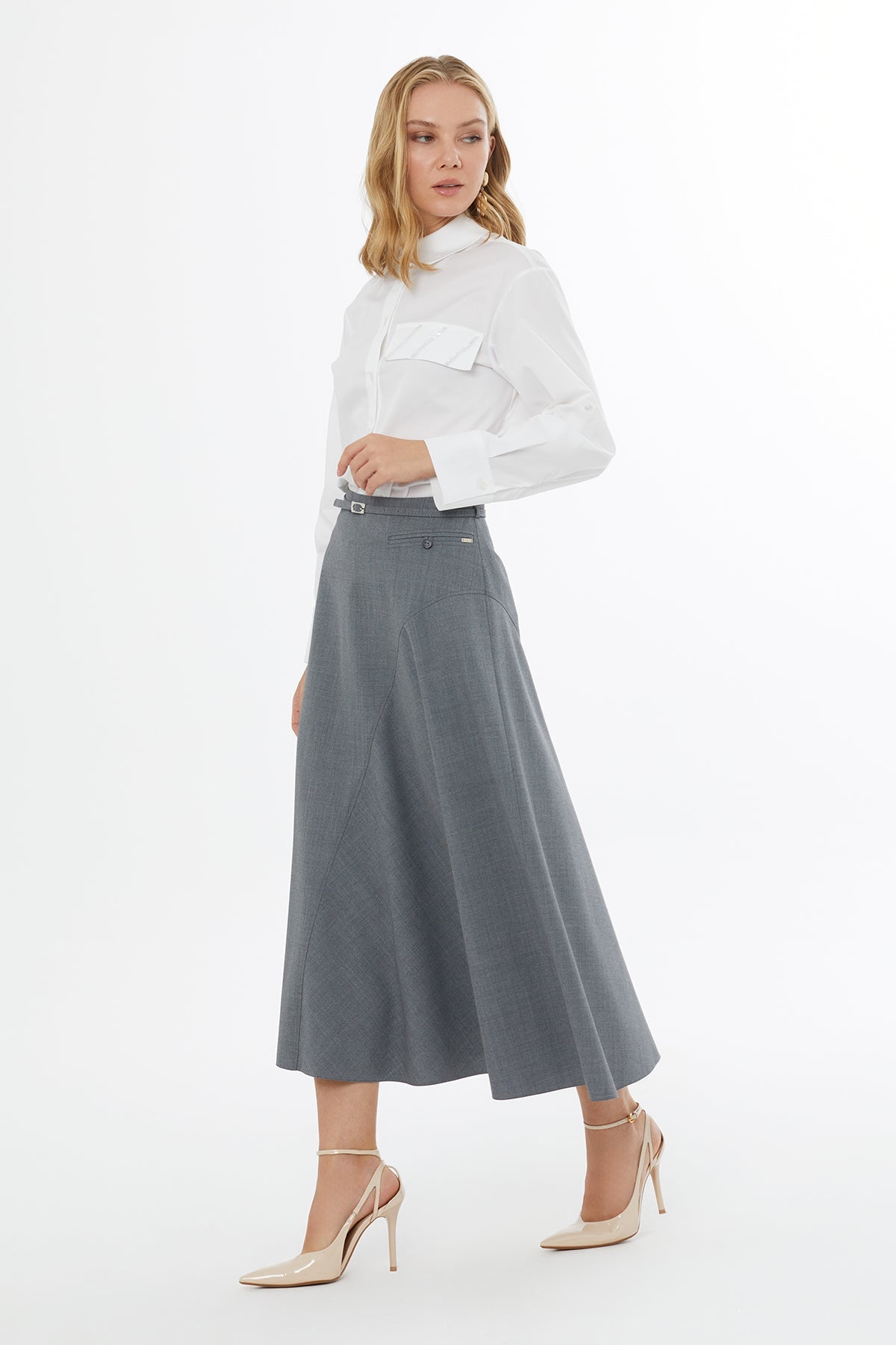 Grey Midi Skirt with Side Zipper