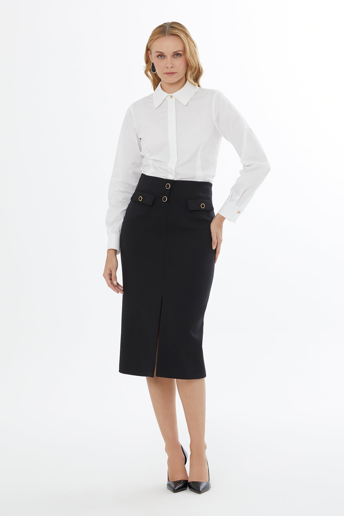 Black Midi Skirt with Buttons