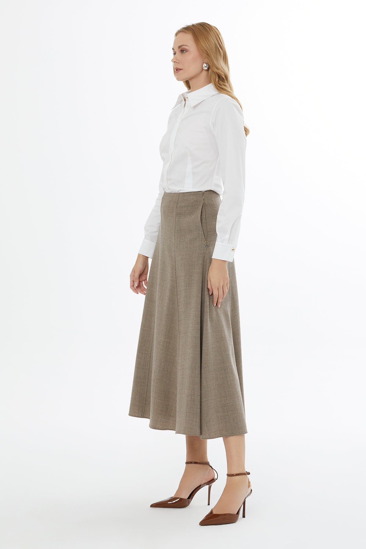 Beige Midi Skirt with Hidden Zipper
